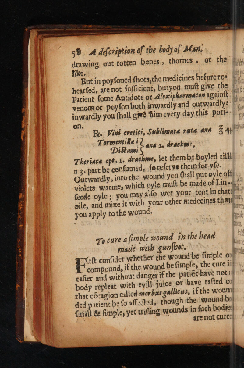dcawing out rotcen bones, thornes, of the hy fike. 3 But in poyfoned fhots,the medicines beforeres |, hearfed, are not fufficient, butyou mutt give the |, Patient fome Antidote or Alexipharmacon againtt | venom ot poyfon both inwardly and outwardly: : inwardly you (hall g#vé ‘him every day this poti-. ~€. —- Ri. Visi cretici, Sublimate ruta ana Z ayy Tormentille t ; Di mae ana 2. dvachwss, 1. drachme, \et them be boyled till’ (umed, foreferve them for vie. Ourwardly , into the wound you hall put eyle off), violets warmes which oye mutt be made of Lin--), feede oyle ; you may a\fo wet your tentin thatch’ oile, and mixe it with your other medecines thati)'™ you apply tothe wound. Theriace opt. a 3. part be con xo cure afimple wound in the bead made with gun{bot. | “ft confider whether’ the wound'be finiple on) _ ear ‘Fthe wound be fimple, the cure iil), danger ifthe paciét-have not: or ‘have tafted o: lled morbas gallicas, if the woum| though the wound bo! wounds in fuch bodre:|  are not curecy