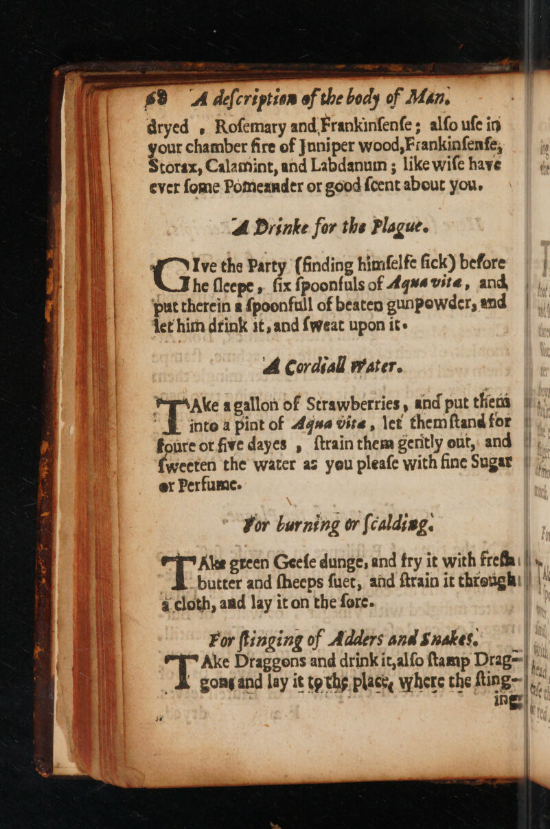 a = dryed , Rofemary and Frankinfenfe; alfo ufe in your chamber fire of Juniper wood, Frankinfenfe, Storax, Calamint, and Labdanum ; like wife have ever fome Pomeander or good {cent about you. A Drinke for the Plague. af Vive the Party (finding himfelfe fick) before \_The fleepe ,. fix fpoonfuls of 444 vite, and, put therein a {poonfull of beaten gunpowder; end let him drink it, and f{weat upon it. A Cordial water.  § into a pint of Agua vite, \et themftandfor | foure or five dayes , f{trainthem geritly ont, and | ex Perfume. For burning or {caldieg. Ss Hines green Geefe dunge, and fry it with frefla |)», a Cloth, and lay it on the fore. For ftinging of Adders and Snakes,