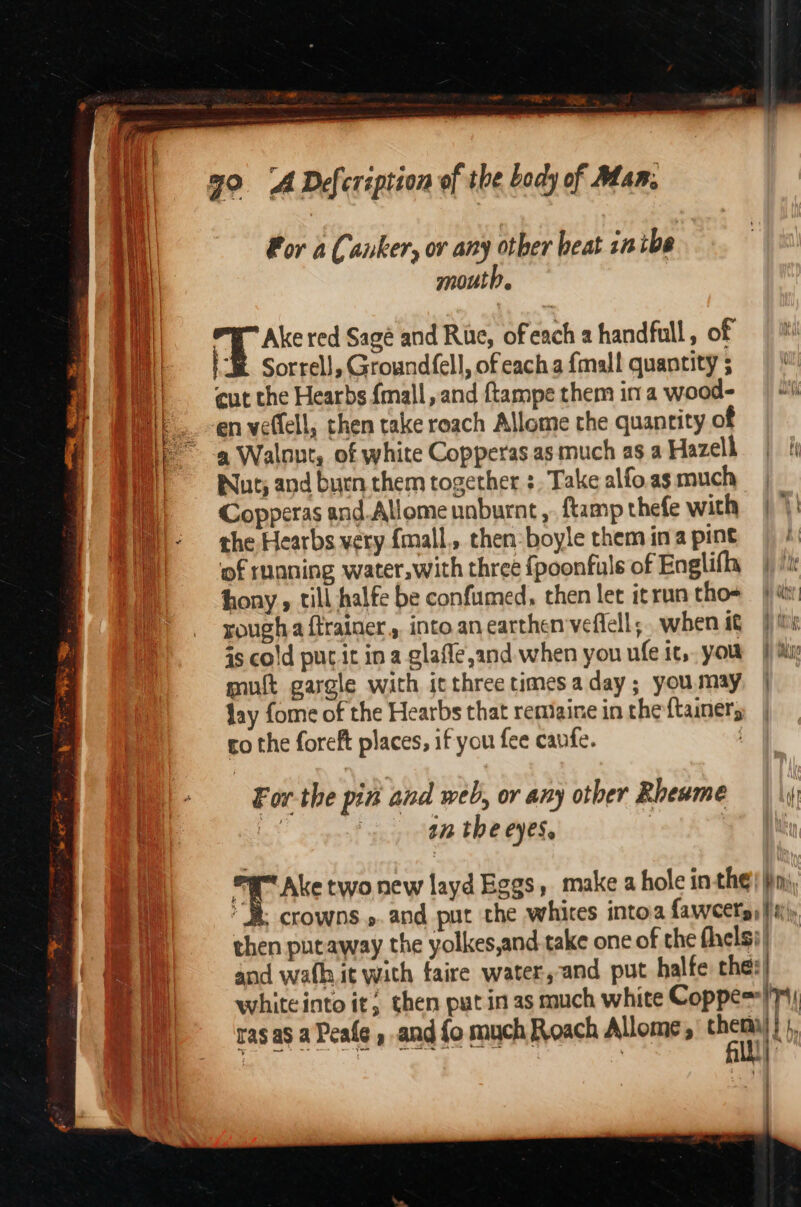 Por 2 Canker, or any other beat 12 tbe mouth, £% Ake red Sagé and Rite, ofeach a handfull, of 1-&amp; Sorrell, Groundfell, ofeach a {mall quantity ; cut the Hearbs {mall , and ftampe them in a wood- en vellell, then take roach Allome the quantity of a Walont, of white Copperas as much as a Hazell Wut; and burn them together :. Take alfo.as much Copperas and.Allome unburnt ,. ftamp thefe with the Hearbs very {mall,, then:boyle them ina pint of running water,with three {poonfuls of Englifl, hony, till halfe be confumed, then let itrun tho- rough {trainers into. an earthen veflell;. when it 4s cold puc it in a glafle,and when you ufe it, you mult gargle with itthree timesaday; youmay fay fome of the Hearbs that remaine in theftainers co the foreft places, if you fee canfe. For the pin and web, or any other Rheume is) tn the eyes, ; Ake two. new layd Eegs, make a hole inthe