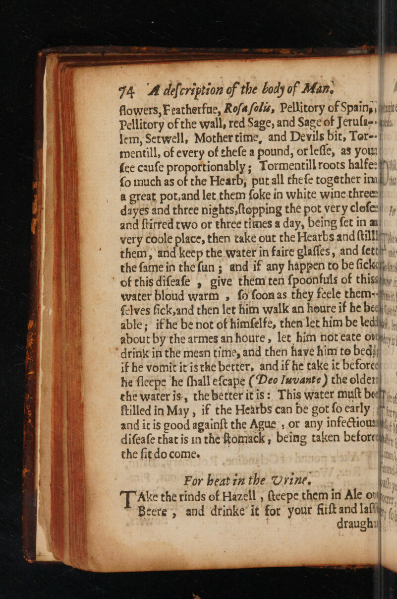 * 94. ‘A defcription of the body of Man. flowers, Featherfue, Rofafols, Pellitory of Spain, jimi WW Pellitory of the wall, red Sage, and Sage of Jerulac- ji A) Jem, Setwell, Mother time, and Devils bie, Tor--| | mentill, of every of thefe a pound, orleffe, as your! {ee caufe propottionably ; Tormentillroots halfe: fj {o much as of the Hearb; put all thefe together imj}/) a great pot,and let them foke in white wine threes) dayes and three nights, {topping the pot very clefe:|) and ftirred rwo or three times a day, being fet in a A very coole place, then take out the Hearbs and {tillliny, i 60 —Stséthem arn keep the water in faire glaffes, and fettlr ») Ea the famein thefun ; and if any happen to be fickidpjy, of this difeafe ,‘ give them ten fpoonfuls of thiss}y water bloud warm , fo foomas they feele them-+}j;, felwes fick,and then let him walk an houre if he bea}, able; ifhe be not of himfelfe, then let him be lediy ;, about by the armes an houre, let him not cate ori}, ‘drink in the mesn titne, and then have him te bedi; if he vomit it isthe becter, and if he take i before he fleepe he fhall efcape (‘Deo Juvante ) the olden) che water is, theberter itis: This water mult beefy, , filled in May , if the Hearbs can be got focarly #,,, and i is good againft the Ague ; or any infec, | difeafe that is in the ftomack , being taken beforedh.,. che fitdo come. i ce ity For beatin the Urine. , Wa Ake the rinds of Hazell , (teepe them in Ale on}, | Beere , and drinke it for your firftand am | draughi :