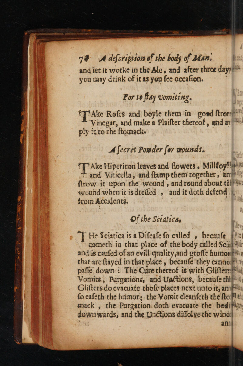 and iet it worke in the Ale, and after ehree dayy} . you may drink of it as you fee occafion. For to fiay vomiting. Ake Rofes and boyle them in goed fron: Vinegar, and make a Plaifter thereof , and ay/*” ply troche ftomacks A fecret Powder for mounds. fae Hipericon leaves and flowers Millfoy!i AN and Viticella, and {tamp them together , arr ftrow it upon ‘the ‘wound , and round about chi} wound when it isdreffed , and it doth defend fgom Accidents. Of the Sctatiche  He Sciatica is a Difeafe fo culled , becaufe § ti! cometh io that place of the body called Seiad) and as caufed of an evill quality,and groffe humow De, Tr thar are {tayed in that place , becaufe they canacd} i paffe down : The Cure thereof is with Gliftercd?ty) Vomits, Pargations, and Uactions, becaufe chil!\ Glifters do evacuate thofe places next unto it, amiPuls fo eafeth the htimor; the Vomit cleanfeth the ftcof! # mack , the Purgation. doth evacuare the bedi fla down wards, and the Unions diffolye the winddl ani |