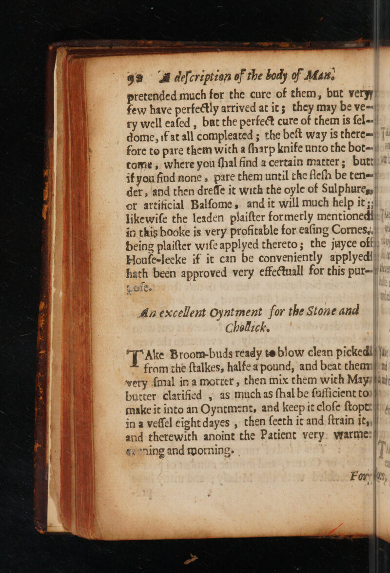 pretended much for the cure of them, but veryy’ few have perfectly arrived at it; they may be ve~ ry well eafed , bat the perfect cure of them is fel~=! dome, if at all compleated ; the belt way is there=); | fore to pare them with a fharp knife unto the bot~ come, where you thal find acertain matter; butt ifyou find mone» pare them until che flefh be ten=| der, and then dreffe it with the oyle of Sulphure,,, ot attificial Balfome, and it will much help it;; likewife the leaden plaifter formerly mentionedl}: in this booke is very profitable for eafing Cornes,,, being plaifter wife applyed thereto; the juyce off}; Houfeslecke if ic can be conveniently applyedii: hath been approved very ¢ffeCtuall for this pur-fj' Lah ipo hed Be © K An excellent Oyntment for the Stone and Chellick. rp Ake Broom-buds ready te blow clean pickedll)jii - from che ftalkes, halfe a pound, and beat theam) i wery {mal ina morter, then mix them wich Mayyfiai; bucter clarified , as muchas fhal be fufficient to} make ic into an Oyntment, and keep it clofe ftoptti in a vellel eight dayes , then feeth ic and ftrain it,,! and therewith anoint the Patient very. warmer) ¢yening and morning: | Fox Vas,