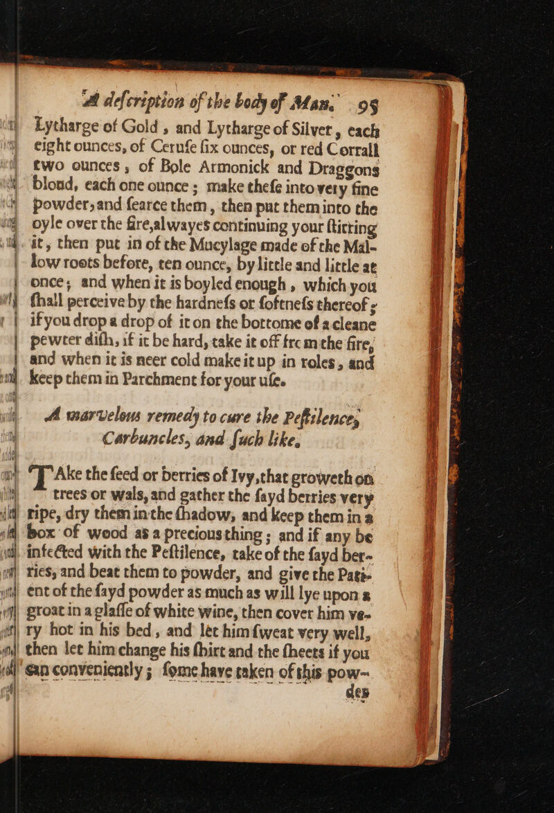 = ed —— ge at = ee — Si ae 2 RB, CRS Se A defcription of the body of Adan. 9 Lytharge of Gold , and Lytharge of Silver , each eight ounces, of Cernfe fix ounces, or red Corral two ounces, of Bole Armonick and Draggong loud, each one ounce ; make thefe intovery fine powder, and fearce them, then put theminto the oyle over the fire,alwayes continuing your Hitting it, then put in of the Mucylage made of the Mal- low roots before, ten ounce, by litele and little at once; and when it is boyled enough , which you fhall perceive by the hardnefs or foftnefs thereof if you drop a drop of iton the bortome of acleane pewrer difh, if ic be hard, take it off frcmthe fire, and when it is neer cold make itup in roles, and keep them in Parchment for your ufe. A marvelous remedy to cure the Peftilence, Carbuncles, and fuch like, trees or wals, and gather the fayd berries very box of wood asa preciousthing ; and if any be ries, and beat them to powder, and give the Pati ent of the fayd powder as much as will lye upon s | groat in a glaffe of white wine, then cover him ve- ‘@an conveniently ; fome have taken of this pow~ San conven ae NAVE (AXED OF f des
