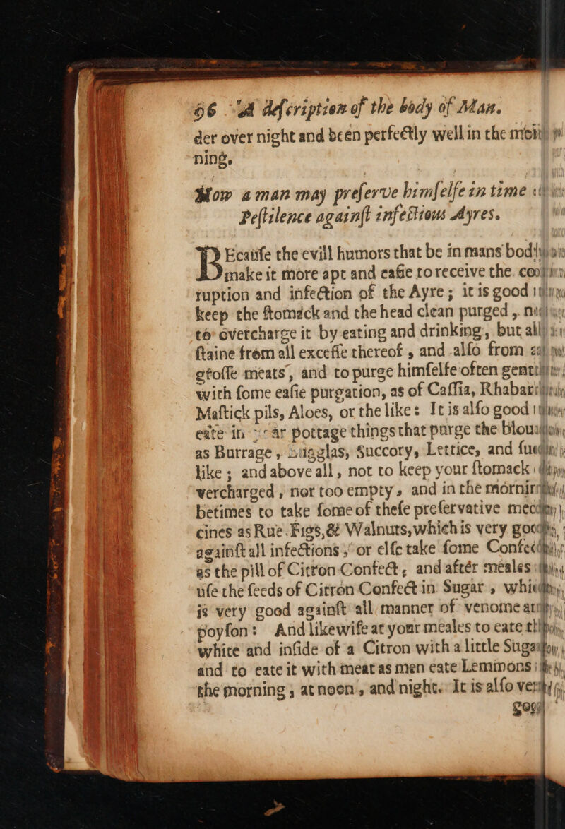 ° 7 &lt;7 ene 86 A defeription of the body of Aan. der over night and been perfectly well in the mobi) ning. Va Mow «man may preferve bimfelfezn time «in a Peftilence again(t infectious Ayres. Ecatife the evill humors that be in mans bodtyax make it more apt and eafie ro receive the. coo} in keep the ftomack and the head clean purged ,. nig sy to Gvetcharge it by eating and drinking, but all) ii ftaine trem all exceffe thereof , and alfo from &lt;a) gfoffe meats’, and to purge himfelfe often gentility; with fome eafie purgation, as of Caffia, Rhabariliiniy Mattick pils, Aloes, or the like: It is alfo good 1H eite in «ar pottage things that parge the blouziiaiy as Burrage, sugglas, Succory, Lettice, and fuediny) like; andaboveall, not to keep your {tomack : dityy), vercharged , net too empty» and in the morning: betimes to take fome of thefe prefervative mecidjny, cines as Rue. Figs, @ Walnuts, which is very gocq\y | againft all infections , or elfetake fome Confecipi), as the pill of Citron Confect, and after meales (fi), ule the feeds of Citron Confe@ in Sugar , whiednyy, is very good againft all manner of venome atiiy,, poyfon: And likewife at your meales to cate thipy, i: white and infide of a Citron with a little Sugadfoy ae it and to eate it with meatas men eate Lemimons ite) pie the morning, atnoon, and night. Ic is alfo ver thy Soggy +e gga iat mae ae penn