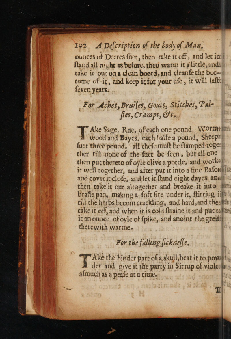 ae ae rane ounces of Deeres fuer, then rake it off, and let itt! ftand all n:whe as before, theo watm it a litcle, andi rake ic ouc ons clean boord, and cleanfe the bor— rome of -ig, and keep ic for your afe, it will laftt feven years. For Aches, Bruiles, Gouts, Statches, Pal- fies, Cramps, G't- Ake Sage, Rue, ofeach one pound, YOrmus : wood and Bayes, each halfe a pound, Sheep” fuer three pound, « alf chefemuft be ftamped toge ther ttikenone of the fet be feen, burallone then pucthereto of oylé olive a pottle, and wotkw it well rogether, and afcer pur it into a fine Bafony| ti and cover it clofe, andlet ic ftand eight dayes: ani) then take it out altegerher and breake.it into iti Draffe pan, making a foft fire under it, ftirring 1g till che herbs becom crackling, and hard,and thes; take it off, and when ir is cold ftraine it and put cody it anouace. of oyle of fpike, and anoint the greifi| therewith warme. 4 : oY