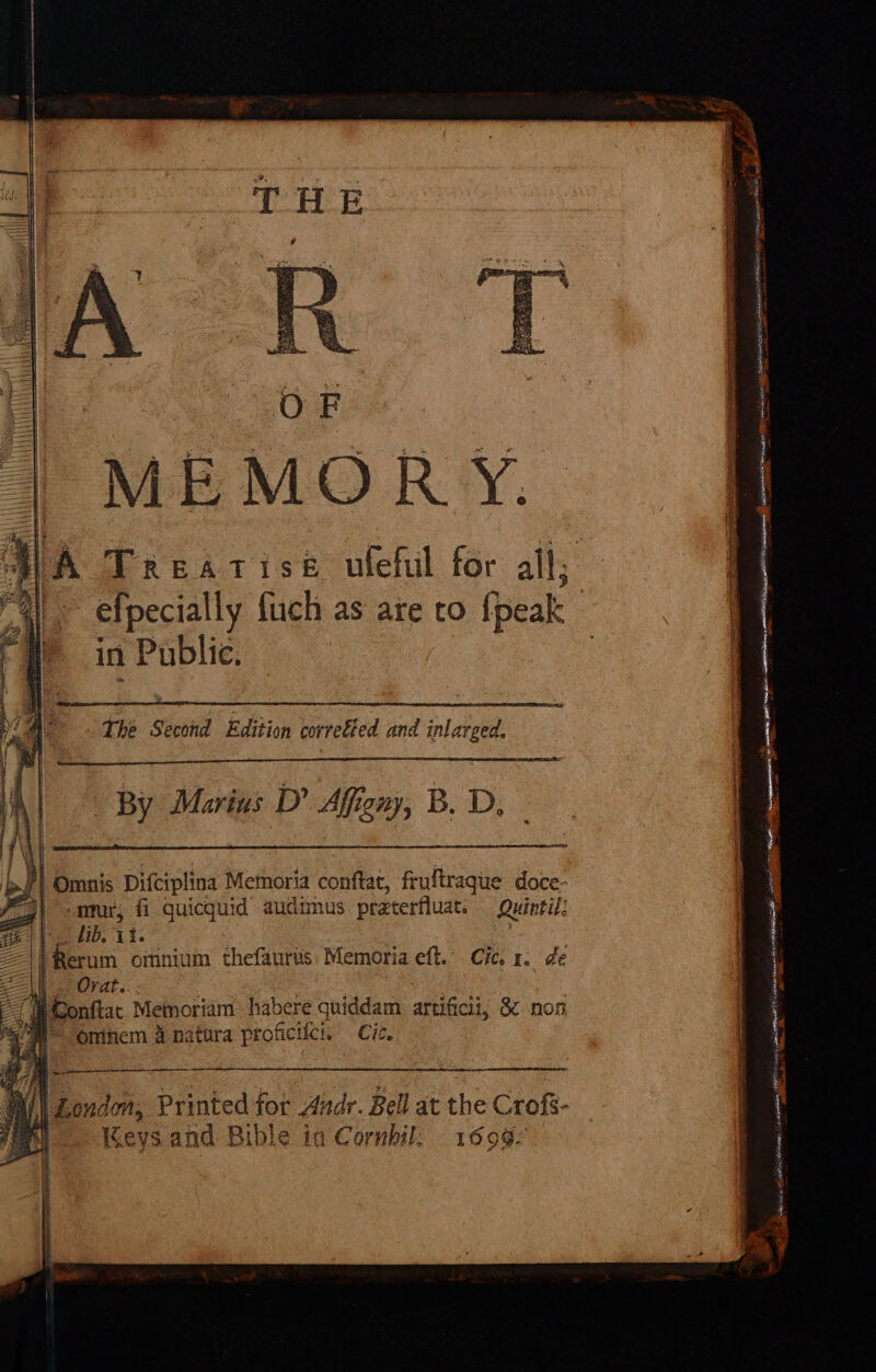 arigcae te ae Spat OR iga= slip Sasa pn acina MEMORY. The Second Edition corretted and inlarged. By Marius D’ Affigny, B. D, - &gt;| Omnis Difciplina Memoria conftat, fruftraque doce- | -mmur; fi quicquid audimus praterfluat: Quintil: lib, 11. a : | Rerum ormnium thefaurius Memoria eft. Cic. 1. de 1. Orat. i Conftat Memoriam habere quiddam artificii, &amp; non ~ onihem 4 natura proficiici. Cie. iB eee: oak. a RE “em ite. nn ne ne eet London, Printed for Andr. Bell at the Crofs- I Keys and Bible ia Cornhil: 16992 arn? PO Py sah S&amp;S oe we thd AR ea