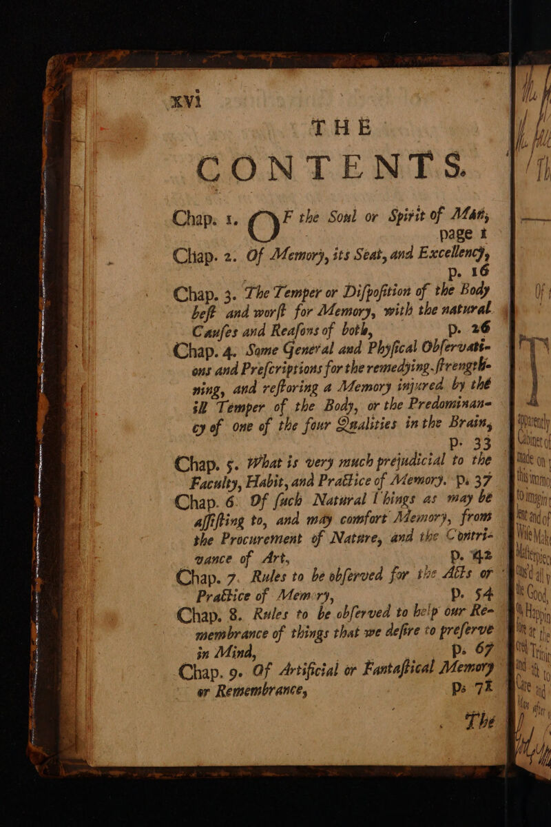 ee — as - oe a nina Ene et eR ES eerie, . fimeieci tur 7 . ~ aes aces ‘ it — fa Rs ecosine Semen as en seh eae et ew acne ee THB CONTENTS. Chap: 1. OM the Soul or Spivit of AZan; : 7 page i Chap. 2. Of Memory, its Seat, and Excellency, : . 16 Chap. 3. The Temper or Difpofition of tle Body | heft and worft for Memory, with the natural. | Caufes and Reafons of both, Dp. 26 | Chap. 4. Same General and Phyfical Obfervati- ons and Prefcriptions for the remedying. frrengthe ning, and reftoring a Memory injured. by thé i Temper of the Body, or the Predominane cy of one of the four Qualities inthe Brain, | P 33 Chap. 5. What is very much prejudicial to fy Faculty, Habit, ana Praétice of Memory. Ps 37 Chap. 6: Of fuch Natural U hings as may be affifting to, and may comfort Memory, from the Procurement of Natare, and the Contri- | —gance of Art, . p. 42 7 hap. 7. Rules to be obferved for the Atts or “fl Praétice of Memory, p. 54 §! Chap. 8. Rules to be obferved to belp our Reo in Mind p, 67 # or Remembrance, ps 72