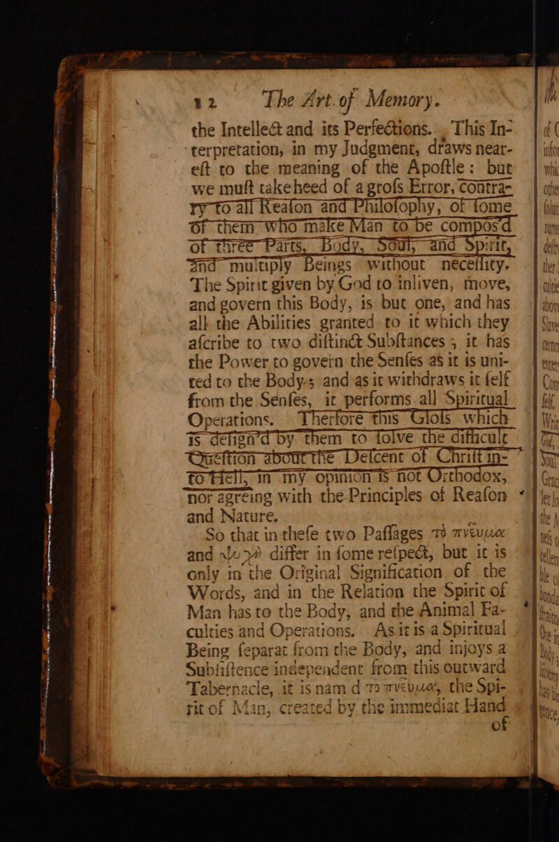 SNA ed HAE nr yarn goN Tigris SEMEN OCU wa sits EE ey — ces ne Sr er em gone F ae eg erga! msi a eameranentanyy ‘e ~~ 3 om tant ila ee  ee “Wea athe cae ——— risa ete aa (Poona lite ne 12 The Art-of Memory. the Intellect and its Perfections.. , This In- eft to the meaning of the Apoftle: but | whi we mutft take heed of agrofs Error, Contra- | ate ry-fo all Realon « and Philofophy, of fome | (iy Of them who make Man to be composd | ty Of three Parts, Body, Soul, anc rit ha Ind mu! tiply Beings w ithout ee ther The Spirit given by God to inliven, move, | aij and govern this Body, is but one, and has J ayy all the Abilities granted to it which they | Shy afcribe to two diftin® Subftances 5 it has | em the Power to govein the Senfes aS it isuni- | eye. ted to the Body-s and-asit withdraws itfelf | (yp from the Senfes, ic performs.all Spiritual | § Operations, Therfore this ; whic 1 Ts denga’d bj cule 4a tion aooMeT Deteee nt of “Chiltine | bn) fone, i; in my opinion i not Orthodox OX, “FG sae hor agreing with the Principles of Reafon < He, and Mierke | the } So that i in 1 thefe bie aflages Wmveuue fae and lu differ in fome re{pect, but it 1s Hcl only in the Original Si gnification of the Ji, Words, and in the Relation the Spirit of to the Body, and the Anima! Fa- Man has to th bs, 1 ye F: HAL culties and Operations. As itis a Spiritu: al PA: Being feparat from the Body, and injoysa Jjy, ee at. 8Y } Pee Subliftence independent from this outward — fii. Tabernacle, if isnam d 12 zvevue, the Spi- 7 Bhat’ t te f + < Ito { 44 1 in rit of Man, created by the immediat Hand # @p,.. vill f a) sy of