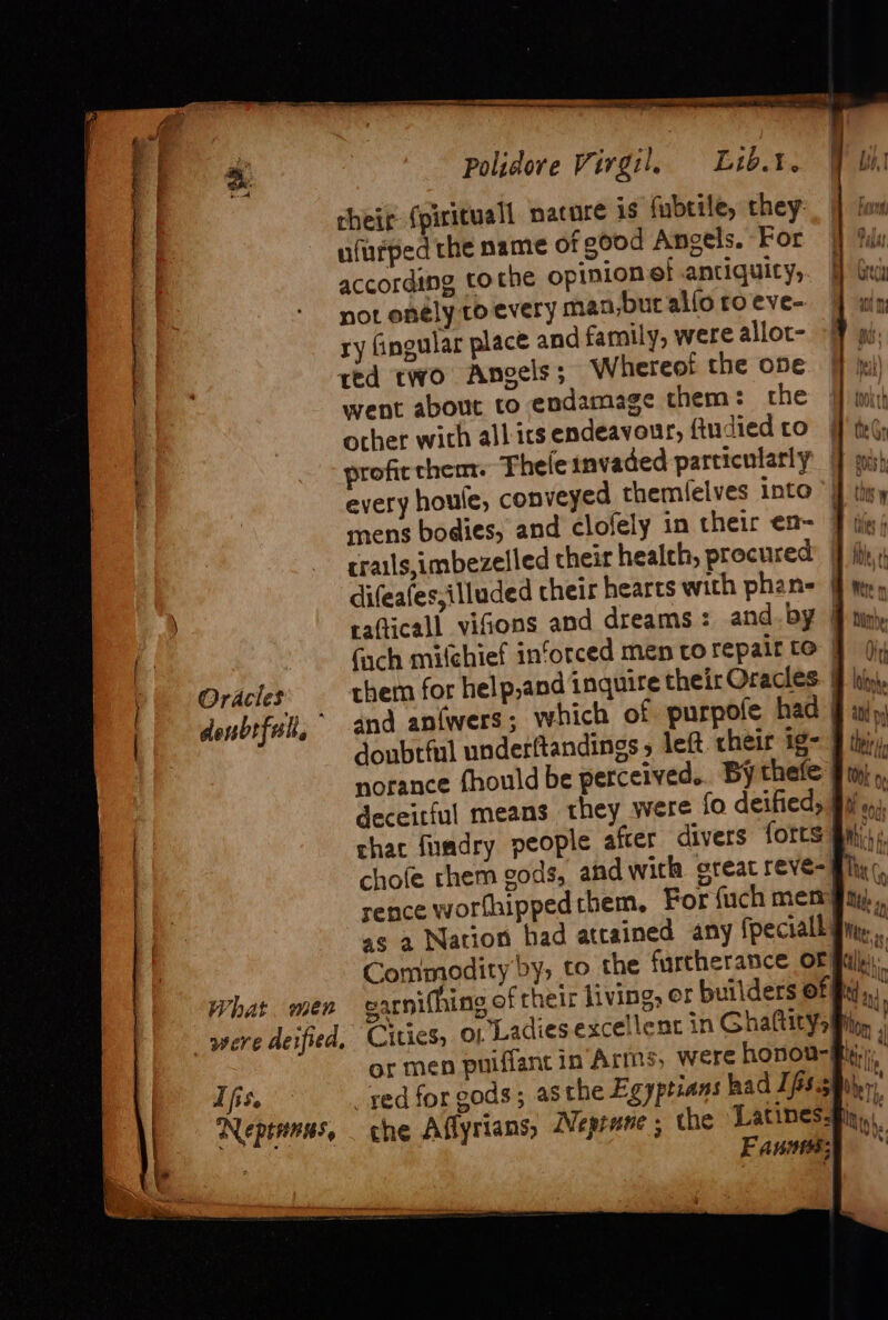 rheir {pirituall nacure is fubtile, they: nfurped the name of good Ancels. For according tothe opinion of antiquity, I} Gi not onely toevery man,buralloroeve- | un ry fingular place and family, were allot- - gi red two Angels; Whereot the ope. ff ik went about to endamage them: the | it other with all irs endeavour, Audied ro HF teG profic them. Thele invaded particularly |} ph every houle, conveyed themielves into “I they mens bodies, and clofely in their en- | tix; trails,imbezelled their health, procured’ His difeafes,illuded their hearts with phan- # ty, rafticall viGions and dreams: and.by | bin Fach mi(chief inforced men to repair to | oir Oracles them for help,and inquire their Oracles Bt tint denbtfull, and an(wers; which of purpofe had an oy doubtful underftandings y left their ig- B thi, norance fhould be perceived. By thefe gin) ay deceitful means they were fo deified, Bil oni, chac fundry people after divers {Orcs MMi, chofe them gods, and with great reve- Bhs, rence worthippedthem, For fuch mem gay, i ag a Narion had attained any fpeciall fin... Commodity by, to the furtherance OF cl: What. men earnifhing of their living, er builders of hd a3, were deified, Cities, 0) Ladies excellent in Ghaftitys Hho. or men puiffant in’Arms, were honou- hi A fise -yed for gods; asthe Egyptians had Js. Bilyy) Neprnmss, — che Affyrians, Neprune , the Latines: ti, Fann; i.