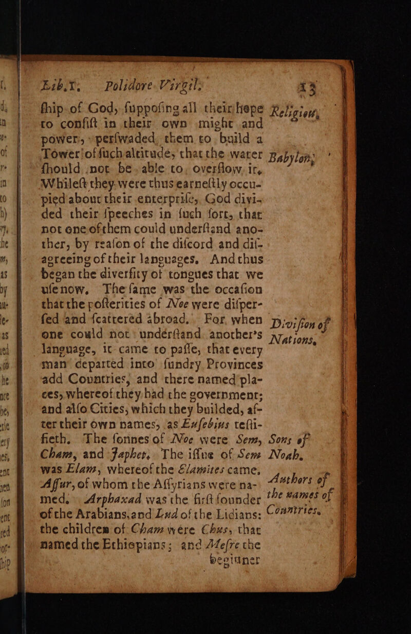 Eib.t: . Polidore Wires fhip.of God, {uppofing all their hepe co confift in their own might and power, »perfwaded, them co build a Tower‘offuchaleitude, thatthe warer fhould :noc: be. able co, overflow. ir, Whileft chey- were thus earneltly occu- pied abour their enterprile,, God diyi- ded their {peeches in fuch fort, thar not ene ofthem could underftand ano- ther, by reafon of the difcord and dil- aereeing of their lanouages. Andthus bean the diverfity of tongues that we ulenow, Thefame was the occafion that the pofterities of AVoe were difper- fed and {catrered abroad. For, when ene could not: undérftand. anocher’s language, ic came co pafle, that every man departed into fundry, Provinces add Covntries, and there named’pla- ces, whereot they had che government; and alfo Cities, which they builded, af- ter their Own names, as Evfedbins tefii- fieth. The fonnes of ce were Sem, Cham, and Japher, The iffue of Sens was Elam, whereof the Elamites came, Affur, of whom the Affyrians were na- med. Arphaxad was the firtt founder of che Arabians,and Lud of the Licians: the childrem of Cham were Chus, thar mamedthe Echiepians; and A4e/re the beoiuner Keligiott, Babylon, Divifion of Nations, Sons of Noah. Authors of the sames of Conntries, Sar nee e a SS San OS pee aeer ~ we < S S ee ~