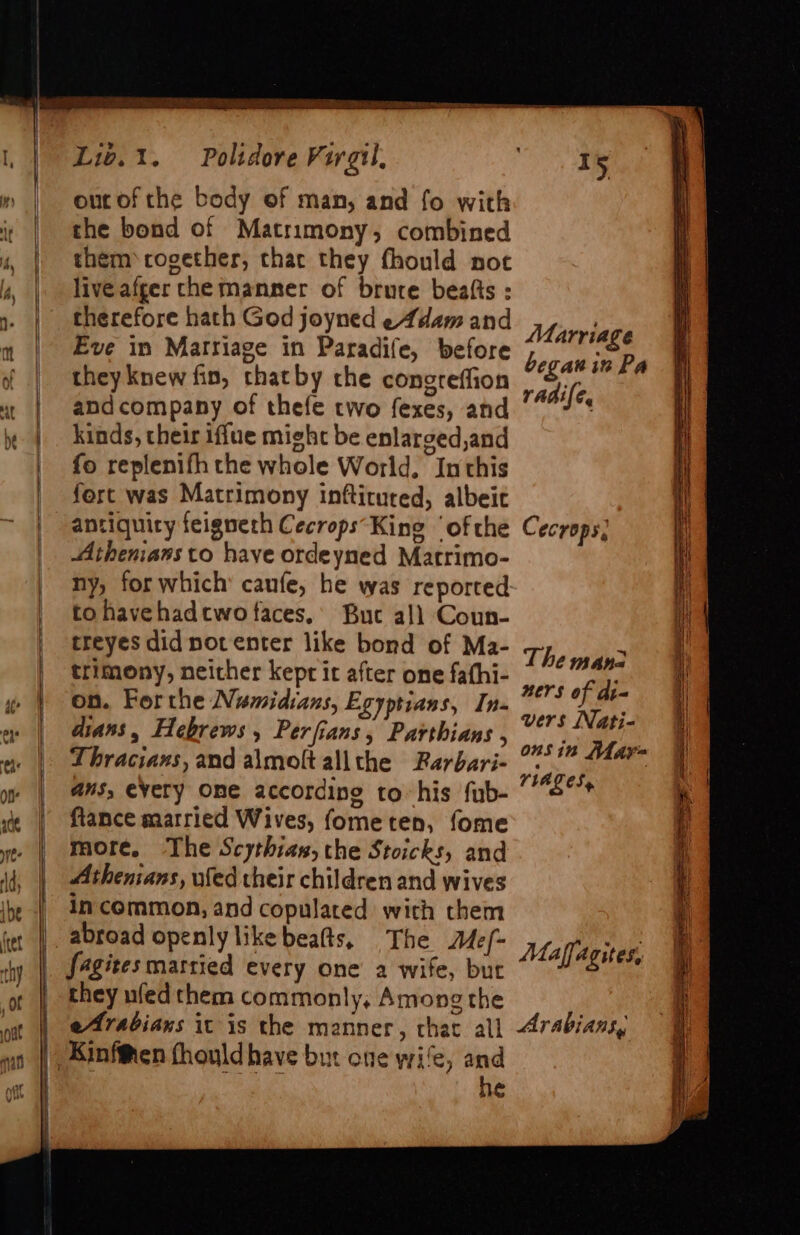 See abo ie 2s AIRS ee Liv.t. Poltdore Virgrl, I5 out of the body of man, and fo with the bond of Matrimony, combined them cogether, that they fhould noc live afger che manner of brute beafts : therefore hath God joyned eAdam and Eve in Matriage in Paradife, before they knew fin, thatby che congreffion andcompany of thefe two fexes, and kinds, their iffue mighc be enlarged,and fo replenifh the whole World. Inthis fort was Matrimony inftirured, albeit antiquity feignerh Cecrops‘King ‘ofthe Cecrops; Athenians to have ordeyned Matrimo- ny, for which’ canfe, he was reported tohavehadctwotaces,’ Buc all Coun- treyes did i like bond of Ma- | trimony, neither kept it after one fathi- ' on. Bor che Nuensiddens, Egyptians, In- ws pea dians, Hebrews, Perfians, Parthians , ers eas Thracians, and almolt allthe Rarbari- °75 1 ar | | . ‘ riages, aus, every One according to: his fub- fiance married Wives, fometen, fome more, The Scythian, the Stoicks, and Athenians, wfed their children and wives incommon, and copulated with chem abroad openly likebeafts, The Me/- Sagites mattied every one a wife, but they ufed them commonly, Among the eArabians it is the manner, that all Arabians, Marriage began it Pa rAabile, The mana Maflagites, he