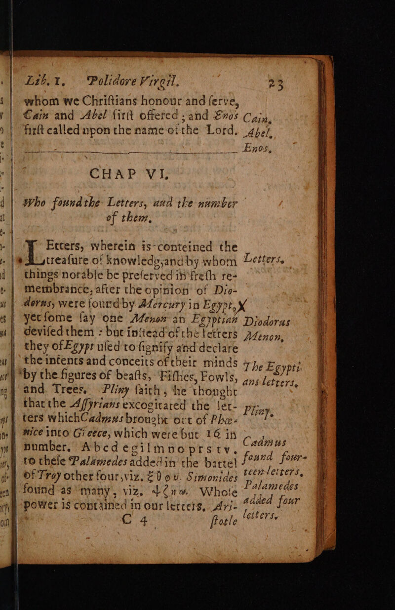 pics Ce CUS me Uta ewe ince are ee ee Ltb.1, Polidore Vireil. 23 | whom we Chriftians honour and ferve, p | Camm and Abel firtt offered . and vos Cun, » | firlt callednpon the name ot the Lord. ghey , Le hoa 22/58 oe ies CHRP VI; 1 | Who foundthe Letrers, and tke number t | of them, a - | Wo Eecers, wherein is-conteined the - | Hcreafure of knowledg,and hy whom /etters. _ things norable be preferved is ‘freth re- » | membrance, after the opinion of Die- | dorms, were fourd by Adercury in Egypt, X “| yerfome {ay one AZenex an Egyptian Diodorus ys Gevifedthem : but inttead’of rhe tetrers Menon, i } they ofEgypr uled to fionify and declare | the intents and conceits of their minds + ue} Dy the heures of beatts, Fifhes, Fowls, , a} and. Trees, Pliny (aith, the thonghe | thacthe 4fjrians excogicared the Jet- he E Kyptie i ans betters, ! : Pliny; pi ters whichCadmusbrouzhe ort of Phe- l i) Ce INCO Greece, which were bue 16 in | Cadm ns | Dumber. Abcdecil ry. yf) CO thele Palamedes addedin the bartel i. ; : ns : een-letters, de Of Troy other four,viz. £0 ov. Simonides ' ; fs i ” Palamedes ep ff 01d as many, viz. +¢n% Whotie ded four we Power 1s contained mn Or letcers,. A7i- letters. , : Cc 4 | frotle LG: te Sy