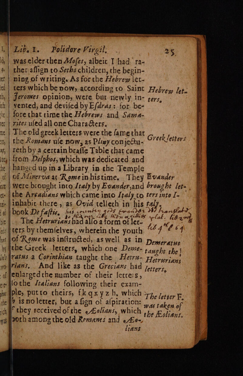 EMAL ERIE Wath: ice tn olin “Me RR RESET ERAN | Liv. t. Poltdore Virgil. 25 ld, | waselderthen Adofes, albeic I had. ra- ) | ther affion co Sechs children, the begin- et | ming of writing. As forthe Hebrew let- a | ters which be now, according to Saint Febyen, Jer h, | Jeromes opinion, were bur newly in- pers, th | vented, and deviled by Efdras: for be- ht | forechat rime the Hebrews and Sama- rites ued all one CharaGters. The old greek letters were the fame that a | the Komays ule now, as Plixy conjectu- m, | teth by a certain braffe Table chat came uy} trom Delphos, which was dedicated and he | hangedupinaLibrary in the Temple | | Of Adiverva at Rome inhistime. They Evander were brought into Jtaly by Evander,and brought lege, et | the Aréadians which came into Jtaly.to ters into J ti} iphabie there, as Ovid tellech in his taly. ‘ of book De faftrs. has coutnlt i ee fran d$ ye hiantlald- ¢ he OU, Cat Ron 0th os tolak. “Léa nd, ble J.» The Hetruriasshad alloa form oflet- &gt; a @ G: reek l eters Se A SG eS 5 Ee SSS Se == ‘ ~ a v Z Y re ew 4 ed: | ters by chemielves, wherein the youth tt go 6 4 | | ° , A yt VOL Rome was intru@ed, aswell as in Denaheriens ae ithe Greek letters, which one Deme- , annie f i's |ratas a Corimthian caught the Hetra- Harriton h woyrians, And like as the Grecians had jersers, lenlargedche number of their letreis, et flothe Jralians following their exam- is iple, putto theirs; f{kqxyzh, which 7, letter Be te #2 isnoletter, buc afion of alpiration: 1 saben Bi ich’ they receivedofthe «Aolians, which yp, Roy ane porch among the old Reszanes and effi0- | l1ans Sea: