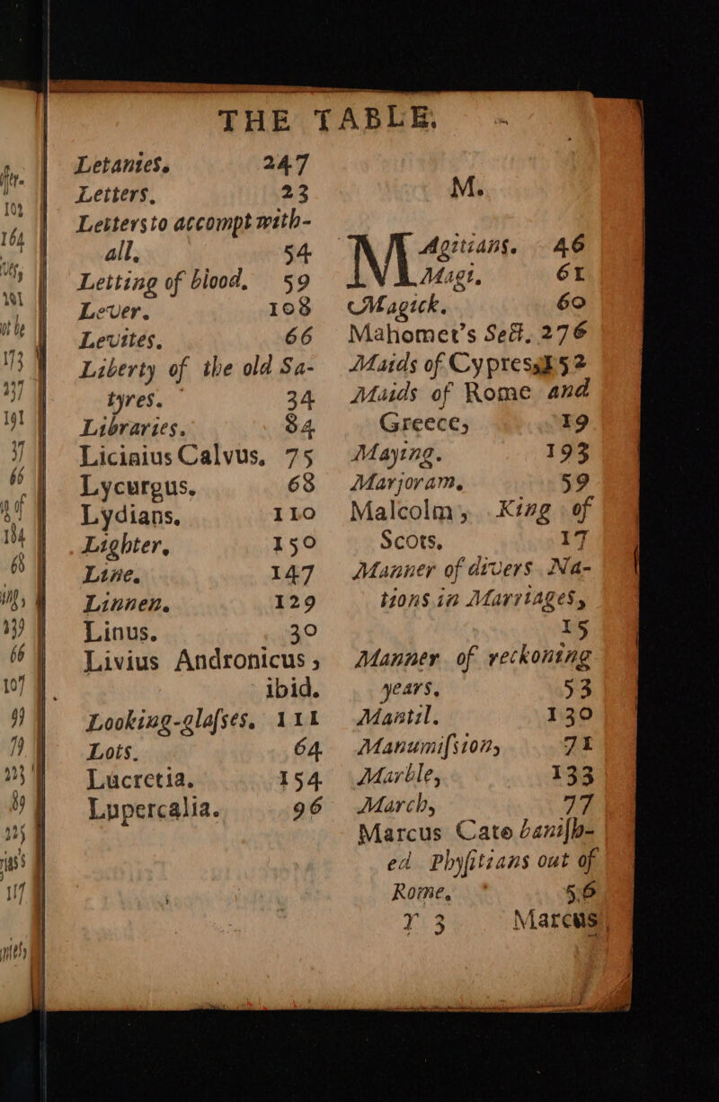 Letters, Lettersto accompt wath- all, 54 Letting of biood, 59 Lever. 108 Levites, 66 Liberty of the old Sa- tyres. 34. Libraries. 34. Liciaius Calvus, 75 Lycurgus, 68 Lydians. ILO Lighter, 150 Line. 147 Linnen. 129 Linus. 30 Livius Andronicus ; ibid. Looking-glafses, 111 Lots. 64. Lucretia. 154. Lupercalia. 96 M. Magi, Magick. Mahomet’s Sef, 276 LMaids of Cy press 5 2 Muids of Rome and Greece, 19 Maytng. 193 Marjoram, 59 Malcolm, .Kiag of Scots, 17, Manner of dtvers Na- tions. in Marriages, years, Masti, Manumils1075 Marble, March, Marcus Cate danifh- ed Phyfitzans out of Komme, 5.6 r3 Marcus