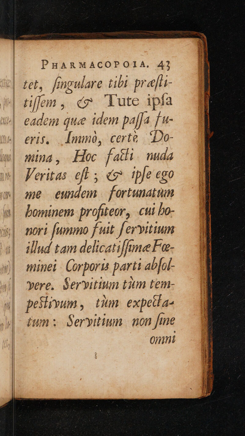 e| eris, Imm, cert&amp; | Do- | mina, Hoc fatli. nuda Veritas efl ; «9 ipje ego me eundem. fortunatum bominem. profiteor, cui bo- nori fummo fuit f ervitium illud tam delicatiffume Fa- minei - Corporis parti ab[ol- yere, $ervitium tum tem- peslivum , tum expetia- tun: Servitium | mon fme onmi LN s — l E: T EE lu EE Fasc HMM aid s