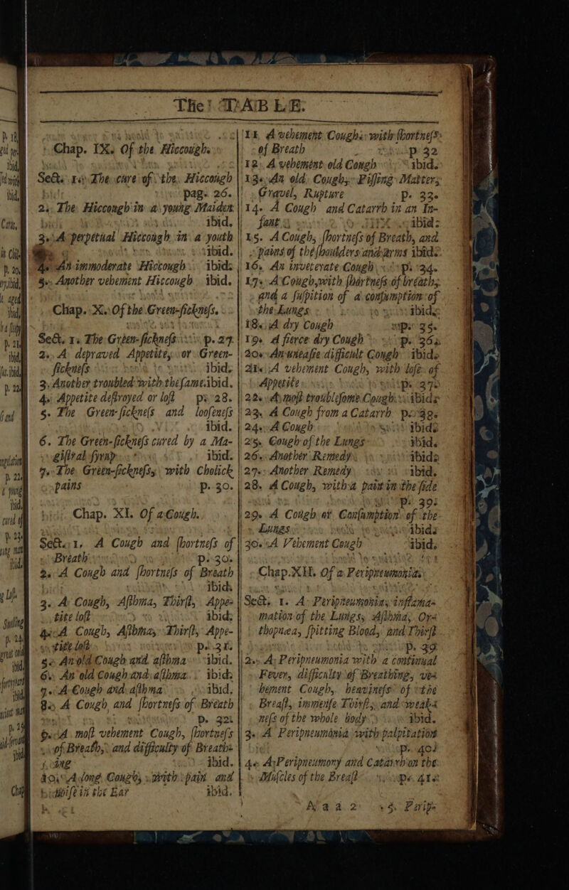 THe ' TAB LE. as Weald Yo SH col |tn, A webement Cough: with Gortnel®&gt; » Chap. IX. be the Hiccovghs of Breath wp 32 12). A vebemént old Coneh bid. Sekt. Ps The core of the Hiccongh 136,42 old. Cough; Bifing Matter; pag. 26..|' ». Gravel, pin sas Pp: 336 23. The Hiccongh i in a young Maiden 4s A Cough and Catarrb in.an Ta- ibid. |) fant iM s.qabid: 5, A perpetival Hittoagh in a youth. | ns. A Cough, Wbortaes of Breath, and *. ibid. || » pavns of the {houlders andiarms ibid: 4s An immoderate Hiccough ibids | 16. Ax inveterate Coughs. ps 34. §. Another vebement Hiscough ibid. | 175A Cough, with {bartnefs.of bréaths and a fufpition of a\conpsmption-of Chap. -X..0f the Grenefiyi the: Lungs bois. Foniyebidys 181A dry Cough sepen' gg Se&amp;; 15, The Green- fi chnefs “Wp. 2p U9. Ad fierce dry Cough Pp 304 2.4 depraved Appetite, or Green- | 20 Anuneasre difficult Cough ibide ficknefs 0% bs | ibid; Ate A vehement Cough, with lofe. of 3, Another troubled: with thefame.ibid, | ~\, Appetite p. 37. 4y\ Appetite deBroyed or lof p28. | 22s.As moll troublefome Coughs. iBids g- The Green: fickne(s and loofenefs | | 23. 4 Cough from a Catarrb pnggs ibid. | 240A Cough aii Wid 6. The Green-ficknefs cured by a Ma- | 23, Gough of the Lungs ibid. Lifttal fyrapo ibid. | 26%: Another Remedy ibida 94 The, Green-fcknefsy with Cholick | 27%: Another, Remedy “i eibid. pains p. 30. | 28. A Cough, with pain a - ide Chap. XI. Of a:Gough. 20. A Cough at ers caf hy |» denas Awdbida Se&amp;te:1, A Cough and ie ay 306A Vehement Covel ibid. Breath. p: iy &gt;. A Congh and foortnes of Breath | Chap. hk Of 2 a Pepa ibidh | : 3. A: Congh, Afra Thirft, ane | SeQi. 1. A Peripienmonias inflamas tite loll | mation of the Lungs, Afthma;. Ore gicA Cough, Afbmas Thirft, a | | thopneay | [pitting Blood,: and Thi “fe ss 108 Lal pe.zk. | pa Ve oe ge Anold Cough and. althma bia 2a A Peripn eumonia with a continual 6, An old Coughandalthma.. ibidh | Fever, difficulty of Breathing, ves 9. A€ough and afthma ibid, |) © Bement Cough, beavinefs® of othe Be A Cough, and fbortnefs of Breath | « Breaft, immenfe Toirks..and weak D. gail) » wefs of the whole body ibid. Q. dd molt. vehement Cough, {lortuefs || 3..A Peripneuminia with palpitation of Breath, and difficulty of Breaths | eo Lyphugd (ang | ibid. | 4e Ar Abs asd and Catairbion the Low Adong Conzs ..ovith pain and}. DMoufcles of the Break. spe are t oi fe in ELE Ear rid. . Ala a.2) +4. Parips