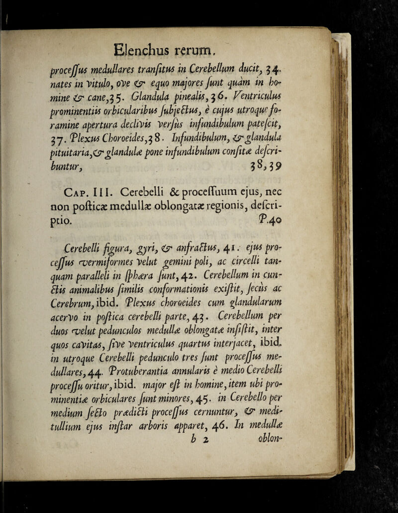 procejfus medullares tranfitus in Cerebellum ducit, 5 4' nates m vitulo, oVe & equo majores funt quam in ho¬ mine isr cane,35. Glandula pinealis, 3 6. Ventriculus prominentiis orbicularibus JubjeBus, e cujus utroque fo¬ ramine apertura declivis verfus infundibulum patejcit, 37. Plexus Choroeides,3 8. Infundibulum, & glandula pituitaria,^ glandul# pone infundibulum confit# defcri- buntur, 58,3 9 Cap. III. Cerebelli &.proceffuum ejus, nec non pofticae medullae oblongae regionis, defcri- ptio. ^.40 Cerebelli figura, gyri, & anfraBus, 41. ejus pro¬ cejfus <vermiformes Velut gemini poli, ac circelli tan- quam paralleli in jj>h#ra funt, 42. Cerebellum in cun- Bis animalibus fimilis conformationis exiflit, Jecus ac Cerebrum, ibid. Plexus choroeides cum glandularum acervo in poflica cerebelli parte, 45. Cerebellum per duos (velut pedunculos medulU oblongat# infiftit, inter quos cavitas, five ventriculus quartus interjacet, ibid» in utroque Cerebelli pedunculo tres funt procejfus me¬ dullares, 44. Protuberantia annularis e medio Cerebelli proceffu oritur, ibid. major efl in homine, item ubi pro¬ minenti# orbiculares funt minores, 45- in Cerebello per medium feBo preediBi proceffus cernuntur, & medi¬ tullium ejus infiar arboris apparet, 46. In medulU b z oblon-