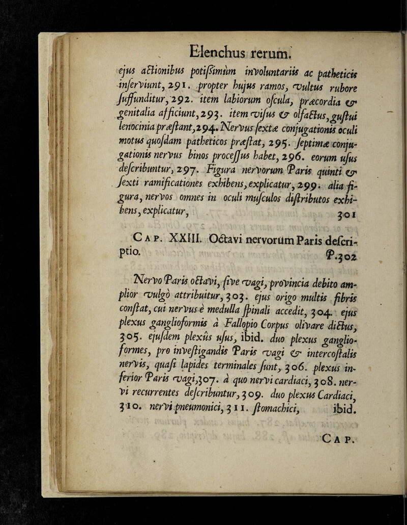 ejus aBionibus poti (finium involuntariis ac patheticis inferViunt,291. ,propter hujus ramos, <vultus rubore fuffunditur, 292. item labiorum ofcula, praecordia es* genitalia afficiunt, 293. item<vifus isr olfaBus,guftui lenocinia proflant, 2 94. NerVus fexu conjugationis oculi motus quofdam patheticos praflat, 295. Jeptinue conju¬ gationis nerVus binos proceflus habet, 296. eorum ufus defcribuntur, 297. Figura nerVorum Varis quinti es* fexti ramificationes exhibens, explicatur, 299. alia fi¬ gura, nervos omnes in oculi mufculos diftributos exhi¬ bens, explicatur, *,0 j Cap. XXIII. O&avi nervorum Paris defcri- Ptio- £>.502 NerVo Varis oBavi, (ive 'vagi, provincia debito am¬ plior <vulgo attribuitur, 303. ejus origo multis fibris conflat, cui nerVus e medulla flinali accedit, 5 04. ejus plexus ganghoformu d Fallopio Corpus olivare diBus, 3°S- ejufdem plexus ufus, ibid. duo plexus ganglio- formes, pro inVefligandis Varis <vagi es intercoftalis nervis, quafe lapides terminalesfunt, 306. plexus in¬ ferior Varis wagi^oy. d quo nervi cardiaci, 3 08. ner¬ vi recurrentes defiribuntur, 3 09. duo plexus Cardiaci, 310. nervi pneumonici, 311. fiomachici, ibidi C A P.