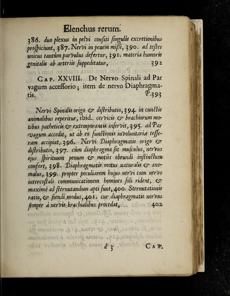 2 86. duo plexus tn pelvi confiti fingulis excretionibus profpiciunt, 5 87. NerVi in penem mi fit, 390. ad tefles unicus tantum parVulus defertur, 3 91 • materia humoris genitalis ab arteriis fuppeditatur, 391 C a p. XXVIII. De Nervo Spinali ad Par vagum accefforio -t item de nervo Diaphragma¬ tis. • NerVi Spinalis origo & diflributio, 3 94. in cunelis animalibus reperitur, ibid. cervicis & brachiorum mo¬ tibus patheticis & extemporaneis in fervit, 395- adTar magum accedit, ut ab eo functionis involuntaria teffe- ram accipiat, 396. Nervi Diaphragmatis origo diflributio, 3 97. cum diaphragma fit mufculus, nerVus ejus Jpiritmm penum & motus obeundi injlinttum confert, 998. Diaphragmatis motus naturalisx? ano- malus,. 3 99. propter peculiarem hujus nervi cum nerVo inter coti ait communicationem homines foli rident, es maxime ad Jlernutandum apti funt, 400. Sternutationis ratio, & fiendi modus, 401. cur diaphragmatis nerVus femper d nervis brachialibus procedat, -.402:. V € a » ■.