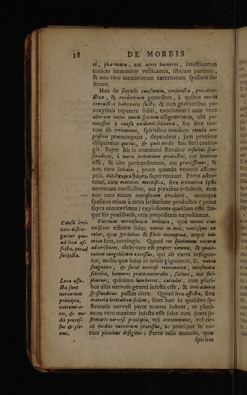 c£, phavmaca , aut. acres. bumores , inteftinorum tunicas immaniter vellicantia, iftarum partium , &amp; non raro membrorum externorum fpafinos in- ferunt. Hzc de fingulis caufartóno, conjuntt a , procatav- éFica , Gp evidenti generibus, à quibus morbi convulfivi babuuales facti, Gc cum gravioribus pa- roxyfímis repetere foliti, exoriuntur: cum vero alteram bujus merbi [eciem aflignavimus, ubi pa- roxyfmi à cau(a evident folitaria , feu. fere tan- tum ab ;rritanone, fpiritibus nondum cepula ex- plofiva preoccupatis , dependent; jam proxime difquiratur quibus, d» quei medis hoc fieri contin- git. Super hisin communi ftatuitur i»fulius fpa- Jfmodicos, à mera irritatione produtlos, aut leviores effe, G cito pertranfeuntes, aut graviffimes , &amp; nou raro lebale; , prout quando venenis affüm- ptis, autézripxaO Zpecifuperveniunt. Porro adno- tetur, cum »»ateries morbifica, five irritativa ipfis nervorum caudicibus, aut plexibus irfederit, eam non raro etiam explofivam evadere , utcunque fpafmos etiam à mera irritatione productos ( prout fupra annotavimus ) explofiones quafdam effe. Ita- que his pralibatis, rem propofitam expediamus. Caufa imi. | Pariiwm nervofarum irritatio , quae motus. cos tansdiftin- VMfivos efficere. folet, variis in locis, varifaue ex gitur quo-. tbt, quae fpiritibus &amp; fibris incongra4, atque imi- adloca af. mica funt,contingit, Quoad re: fpiritmwm natura f-dla, quoad. ^A verfantes, obfervare eft prater venena, &amp; quali- fuljeda, — tatum tangibilium exceffus, qui ab extra infligun- tur, multa quz intus in nobis gignuntur, fc. varia fasguimis ,— d fucci nervofi. vecrementa , oniafimata febrilia, bnmores praternaturales , falinos , aut fal- Loca affe- ^ phureos, quinimo lwmbricos , calculos , cum pluri- Ga unt —— busaliisnervofo generi infefta effe , G&amp; irritationes nervorum — fpi:fmodicas paffim ciere. Quoad loca affcéta, five principia, — materia irritative fedem ; licet hec in qualibet fy- extremi:a- Ítematis nervofi parte noxam inferat, ut pluri- tes, é- me- mum vero maxime infefta effe folet cum juxta f5- dii procef- — flematis nervefi. principia, vel extremitates, vel cir- fus d» ple». ca medios nervorum praceffus, ac praecipue in eo- XH. rum plexibus defigitur ; Porro talis materia, qua fpiritus qc hy