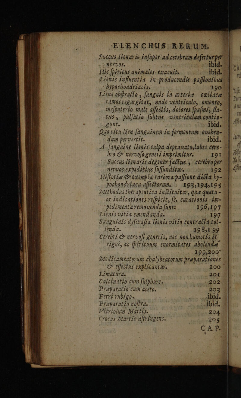 Succus lienav is infuptr ad cerebrum defevturper nb1U05. ibid. Hic fpiritus animales: exaciite ibid. Lenis influntia in producendis paffionibus  bypacbondriacis. 190 Lieng ob[ivuido , fanguis in ayterie | celiacee ramosvegurgitat, unde ventriculo, omento, mofouterio male affeélis, dolores fpa(mi, ffa- tus4 palfatio fubtus intriculum contiu- gunt. Ibid. Quo vita lien fanguinom in fermeutum eucben- dum pervtitit. ibid. A [anguine lienis.culpa depravatoslabes ceve- bro &amp;* nervofo genoi imprimitur. I9I Succus DHXenavis degentr fafus. y cerübroper neryos expeditius fuffenditure 192 Hiftorie c exenpla rariora paffione ditta by- | pochondviaca affeiorum. . X93,1945195 : zMetbodus tberapentzca instituitur, que quatu - oy indicationes vo[bicity fc. cuyateonis -im- pedisenta vemouenda funt: 196,197 Litnis vitia emendanda. 197 Sanguinis dy[tvafia lionis vitio contracta tol- lenda. 198,1 99 Ctrebri ev ntrvofi gentris, nec nonbumorzs iv. rigul,ac [Dirituunm enormitates abolgndee 199,200* Medicamantorum cbalybeatorum preparatzones ev effectus explicantur. 200 ' Limatura. 201 Calcinatio cum fulphure. 202 Prepavatio cum actto. Lo MOS Ferri rubigo. lbid. Preparatio noftra. ibid. : Vitriolun Martis. 204 Crocus Martis a[tvingens. 20$ C A P.