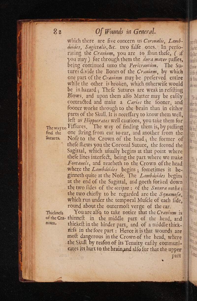 ee a ES Oe 32 Of Wounds in General. which there are five concern us Coronalis, Lamb- duides, Sagittalis,&amp;c. two falfe ones.’ In perfo- Fiji rating the Cranium, you are to shunthefe, ( af) Poh you may.) forthroughthem the dura mater pafles, Win being continued. unto the Pericrantém. The Sue Pony tures divide the Bones of the Cranium, by which }jj}j) one part of the Crazium may be prelerved entire 4) while the other is broken, which otherwife would },,,, be inhazard, Thefe Sutures are weak in refifting a Blows, and upon them alfo Matter may be eafily | |»; ai contracted and make a Caries the fooner, and [pin vail fooner worke through to the brain than in either parts of the Skull. It is neceffary to know them well, left as Hippocrates well cautions, you take them for Thewayto Fiflures, The way of finding them is, by pafling find the One {tring from ear toear, and another from the fy. it sutures. Nofeto the Crown of the head, the former of | fy, ui thefe fhews you the Coronal Suture, the fecond the we Sagittal, which ufually begins at that point where Wal thefe lines interfect, being the part where we make a Fontanels, and reacheth to the Crown ofthe head | |y, a where the Lambdoides begins ; fometimes it be- }) mn Sinneth quite at the Nofe, The Lambdoides begins | a at the end of the Sagittal, and goeth forked down || » the two fides of the occiput: of the Suture nothe: | ie np ut the two chiefly to be regarded are the Squamofe, which run under the temporal Mufcle of each fide, round about the outermoft verge of the ear. *Phicknefs Youarealfo to take notice that the Crasium is Ht oftheCra- thinneft in the middle part of the head, and Wi nium. —_ thiekeftin the hinder part, and of a middle thick- ll fiefs in the fore part : Hence it isthat wounds are moit dangerous in the Crownof the head, where the Skull by reafon of its Tenuity eafily communi« cates its hurt to the brain,and alfo for that the upper | part