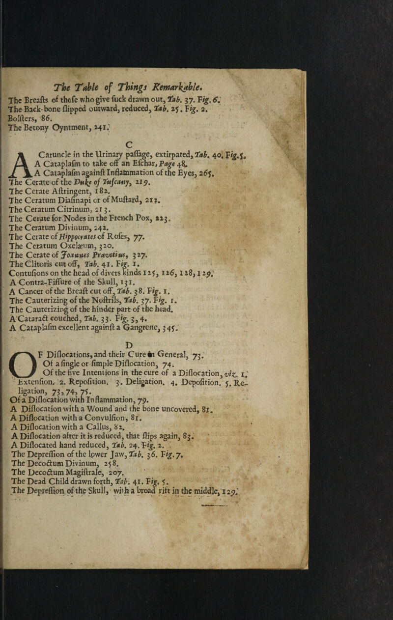 The Breafts of thcfe who give fuck drawn out, tab. 37. Tig. 6. The Back-bone flipped outward, reduced, tab. if. T% 2. Bolfters, 86. The Betony Oyntment, 241; C A Caruncle in the Urinary paflage, extirpated, tab. 40. Fig.f. A Cataplafm to take off an Efchar, Page 48. A Cataplafm againft Inflammation of the Eyes, 26f. The Cerate of the Dufy °f tufcany, 219. The Cerate Aftringent, 182. The Ceratum Diafinapi cr of Muftard, 212. The Ceratum Citrinum, 213. The Cerate for Nodes in the French Pox, 223. The Ceratum Divinum, 242. The Cerate of Hippocrates of Rofes, 77. The Ceratum Oxelasum, 320. The Cerate of Joannes pravotius, 327. The Clitoris cutoff, tab. 41. F ig. 1. Contufions on the head of divers kinds 12?, 126,128,129; A Contra-Fiflure of the Skull, 131. A Cancer of the Breaft cut off, tab. 38. Fig. 1. The Cauterizing of the Noftrils, tab. 37. Fig. r. The Cauterizing of the hinder part of the head. A Catarad couched, Tab. 33. Fig-. 3,4. A Cataplafm excellent againft a Gangrene, 34$. C >. .V D A\F Diflocations, and their Cure «i General, 73.’ ■ 1 Of a Angle or Ample Diflocation, 74. V J Of the five Intentions in the cure of a Diflocation, viz. 1 Extenfion. 2. Repofition. 3. Deligation. 4. Depofition. 5. Re. ligation, 73,74,75. Of a Diflocation with Inflammation, 79. A Diflocation with a Wound and the bone uncovered, 81. A Diflocation with a Convulfion, 81. A Diflocation with a Callus, 82. A Diflocation after it is reduced, that flips again, 83. A Diflocated hand reduced, tab. 24. pig. z. . The Depreflion of the lpwer Jaw, tab. 3 6. Fig. 7. The Deco&um Divinum, 25 8. The Deco&um Magiftrale, 207. The Dead Child drawn forth, tab. 41. Fig. 5. The Depreflion of the Skull, wiih a broad rift in the middle, 129.’