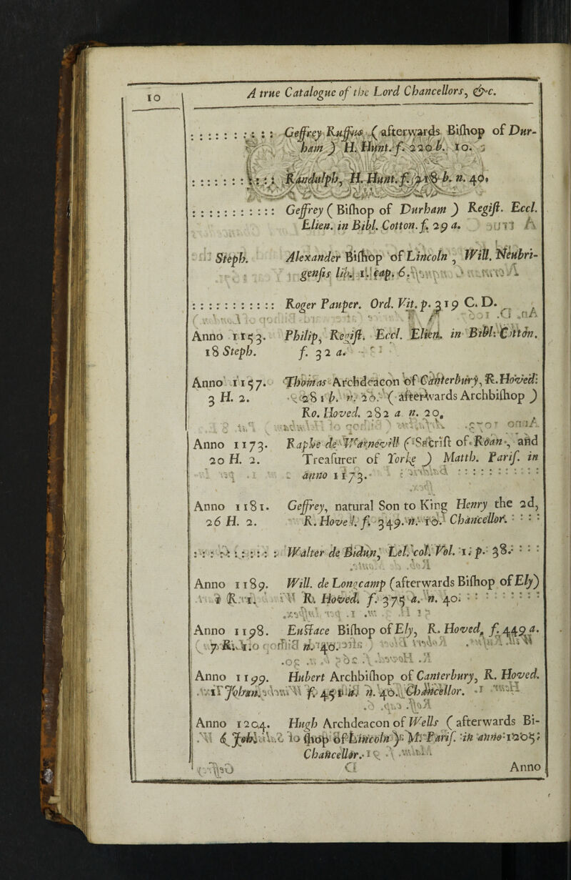 f A true Catalogue of the Lord Chancellors^ L/ 11^ t *• Geffrey ( Bifliop of Durham ) Kegtfi. Eccl. , Ellen, in BibL Cotton, f 2^ a. uil h V , J ^ Alexander Bifliop oLLincoln f JVill, if^nbri- ^ 7 • i 1 genfis v> A \ ::::::::::: Roger Pauper, Ord, Viu p. 219 C. D. > (a^.'v^uAl^  ■ -' T, r ■ Anno - Philip.^ Regijl, EccI, Elkri* in'^BtMi%)tt5n, 18 Steph. /• 3^ ^  % Anno'ui 157.-^ ..—- . . 3 H. 2. .^c^iS ^/ 2^y (’afkrWrds Archbil^^ ) Ro. lloved, 2%2 a n. 20^ ori;'iA Anno 1173. Raphe defM^arne^iU oLR&an*.^ ^kd 20 H. 2. Trcafurer of T'orl^ J Matth, far if, in vl .1 w :i anno 1173.- c V\ Anno 26 H 1181. Geffreynatural Son to King Henry the 2(1, L 2, ' R,Hovei,^f^'^6^^>^nyL<^} Chanlellof,' * * • t: : : : ^ Walter deBidml^Let cot VoL iip^' * • • .'.Wu^ . ) .^'wl Anno 1189. (afterwards Bifhop ofE/y) Vi/f R». Hoiedi 37^ ^40.* • ’ .1 .V.-. .1 i.'? Anno 1198. Euiface Bifhop ofE/y, R,Ho<ved^ f^/^a^ga, UfyRw^io roiTiia ^ Anno 1190. Hubert ArchbiQiop of Canterbury^ R, Ho^ed, fv H.'^oJ^&o^cellor, ‘t Anno 120,^, Archdeacon of afterwards Bi- 6^Jyl^\\\hZ io ^(Jp ’i^ ‘anno'Va'o^f Cha^cell0r,'i^ . * .uuvAu Cl Anno stoammimm