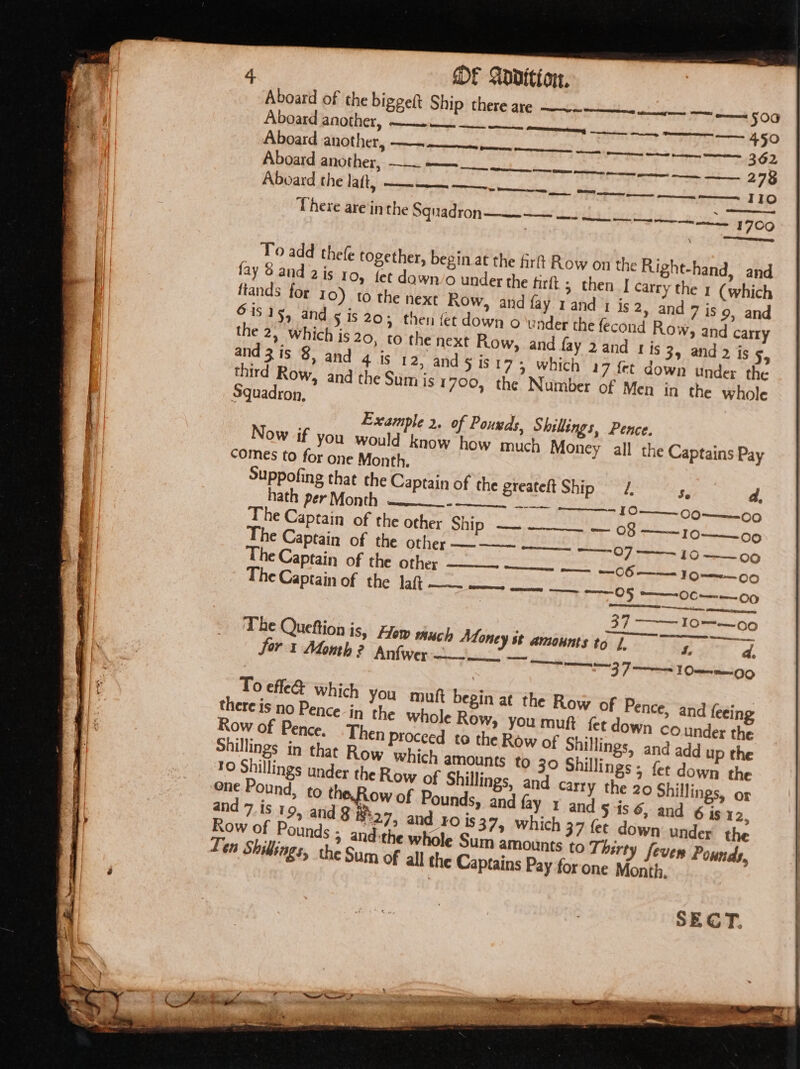 DEF Aoittor, Aboard of the biggett Ship there are Aboard another, Aboard another, | Aboard another, 7 Som aerate ime eoenee meeiae Sener pees toneanse oi, 273 Aboard the laft, STE orp eet There are in the Squadron—————— __. en 1.700 ee To add thefe together, begin at the firft Row on the Right-hand, and fay 8 and 2s 10, fet down/o under the tirft 5 then [ carry the (which ftands for IO) to the next Row, and fay 1 and 1 is 2, and 7 iso, and 61515, and ¢ is 204 then fet down o ‘vader the fecond Row, and carry the 2, whichis 20, to the next Row, and fay 2 and 1 is 35 and 2 is 5, and 3 is 8, and 4 is 12, and § is17 + which 17 fet down under the third Row, and the Sum js 1700, the Number of Men in the whole Squadron, 37 e « ° ie ee, The Queftion is, Hom much Money st amounts to 1, S. d. Sor 1 Month 2 Anfwer ———__ Te tent Fane Ones in 4 muft begin at the Row of Pence, and fecing ¢ whole Row, you muft fet down co under the Then proceed to the Row of Shillings, and add up the Row which a 30 Shillings; fet down the 85, and carry the 20 Shillings, os ‘LOW Of Pounds, and fay x and 5 is 6, and 6 is 12, 27, and 40 is37, which 37 fet down under the andthe whole Sum amounts to Thirty fever Pounds ¢ Sum of all the Captains Pay forone Month, &gt; SECT.