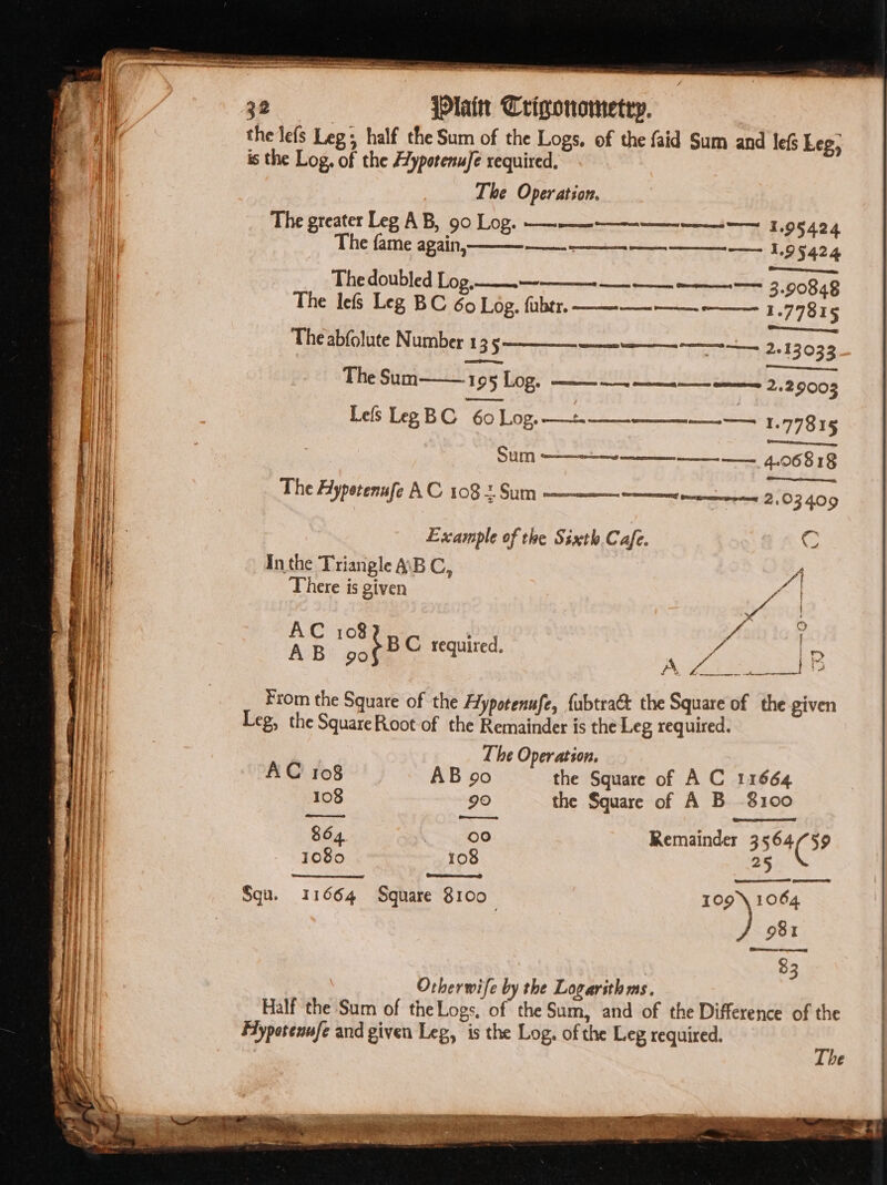 See Plain Trigonometry. the lefs Leg, half the Sum of the Logs. of the faid Sum and le Leg, is the Log, of the Fypotenufe required, The Operation. The greater Leg AB, 90 Log. —-——--—------——— 1.95424 The fame again, 1.95524 The doubled Log,—__—--___- _________.— 3, 90848 The lefs Leg BC 60 Log. fubtr. papensnes er sat aera RY kek ey The abfolute Number 13 5 Partita manta 13 0326 The Sum—— 195 Log. ——-~—. —_.___ —_~ 2.29003 Lels Leg BC G6 (ogee a 1.77815 Sum ——~ ——_—-___.___. 4.06318 The A’ypetenufe AC 108 2. Sum nt penne 2,03 409 Example of the Sixth Cafe. Inthe Triangle A\B C, There is given 4 ‘ 3 , BC required. me iD Aan ee sae From the Square of the Aypotenufe, {ubtraét the Square of the given Leg, the SquareRoot of the Remainder is the Leg required. The Operation. AC 108 AB 90 the Square of A C 11664 108 90 the Square of A B $100 864. Cs Remainder 3564/59 1080 108 25 Cree Squ. 11664 Square 8100 | 109\ 1064 981 83 Otherwife by the Logarithms. Half the Sum of theLogs. of the Sum, and of the Difference of the Hypotenufe and given Leg, is the Log, of the Leg required. “ be