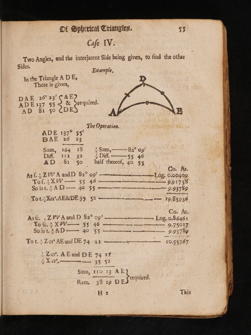 Sides. DAE 26°23'C AE? | ADE 137 55 ; &amp; Ssequired. AD 81 50 CDE ADE 137° 55 DAE 26 23 Sum, 164 18 Dif. 1% 32 AD -% 5° Example, _ Suin, = Diff. Co. Ar. To a a IED Aor eT ERE eee H 2 Co. Ar. 9:7 5017