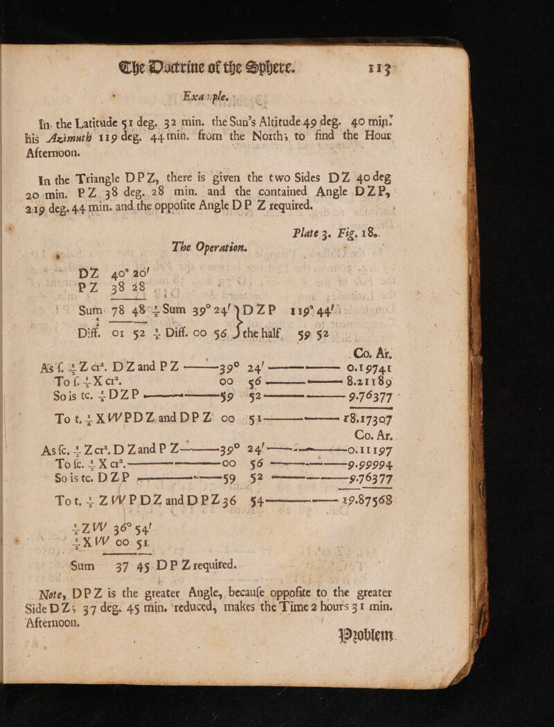 Exainple. : fn. the Latitude 51deg. 32 min. the Sun’s Altitude49 deg. 40 min. his Azimuth 119 deg. 44min. from the North; to find the Hour Afternoon. : In the Triangle DPZ, there is given the two Sides DZ 40 deg oo min. PZ 38 deg. 28 min. and the contained Angle D LP, 219 deg. 44 min. and the oppofite Angle DP Z required. , Plate 3. Fig. 18s. The. Operation. | : DZ 40° 20! PZ 33 28 ay, Sum: 78 48° Sum 39° 24! ag 119° 44! Dif. o1 52 + Diff. 00 56 Sthehalf 59 52 | te Co. Ar, Ast, 2Zc*. DZand PZ 39° 2.4! me 0.19745 To f. £X cr’. 00 §6 ome §,21189 Sois te. ¢DZP ——— ang 52 9:79377 Tot. 2XWPDZ.andDPZ oo -5§1- ——— €8.17307 Aste: 2.Zcr*, D Zand P Z Vor.2.X% co. Soistc DZP 39° 24! ——~--— 0, 11197 00 §6 ——~——-———- 9.99994 oe 976377 4,7, VV. 36° sa! XXW 00 §1 Sum 37 45 DP Zrequifed. Note, DPZ is the greater Angle, becaufe oppofite to the greater SideD Zs 37 deg. 45 min. ‘reduced, makes the Time 2 hours 31 min. Afternoon. | {D2oblen. see We tN I I aR en eM i ccm er ar | AOR MS eR ee - ae . pe Pear mL ey) Pee  a PU 6 2 Ce SS SRR TIED 3 an ; ae ‘ } pha vig! Poe ; oc: Nathgumeciean ~~ Ses er i iH ‘ ; . . vs a Se. - : a  o ee = 5 avd Wes 7 we +5 9. seaptinen