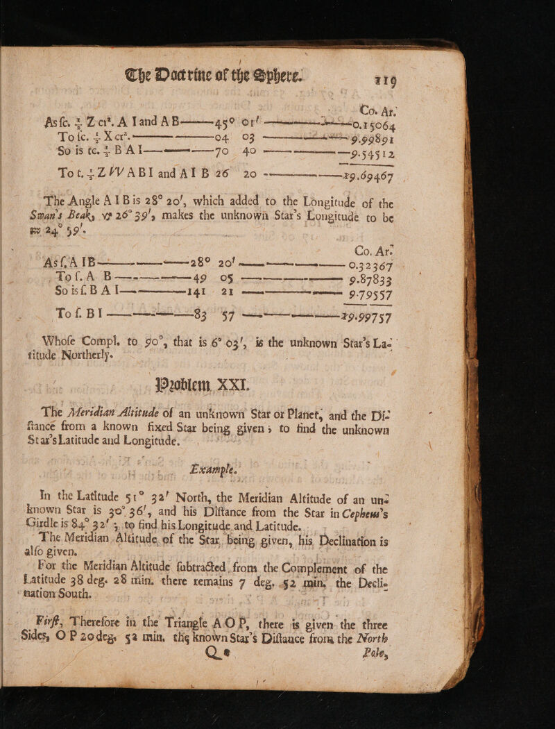 Sree ee ERIS TT The Dacrine of the Sphere. 119 Co» Ar. Asfe. + Ze. A Vand AB 459 O40 nam etn p06 4 Toles) het. 04, OF ———-—- Hg 99851 ist, BA a 9 40 2 SRO emer ate ener To £; ae L Ag A BI and A I B26 20 = ——79.69467 The Angle A 1 Bis 28° 20’, which added to the Longitude of the Sman's Beak, vp 26°39', makes the unknown Star’s Longitude to be Y Zu 99 Co. Ar. BOP 20) neces 0.32367 AsfA 1B——_—__--—_ To f.A B—-—-———49 05 —~-—-——_--——-. 9.87832 SoisiiB A I— U4 T 21 meres 9.79557 To £ BI $3 $7 4.99757 titude Northerly. {D20blert, XT. The Meridian Altitude of an unknown Star or Planet, and the Die fiance from a known fixed Star being givens to tind the unknown Star's Latitude and Longitude. ee Example. In the Latitude 51° 32’ North, the Meridian Altitude of an une known Star is 30° 36’, and his Diftance from the Star in Cepheus’s Girdle is 84° 32! 5, to find his Longitude and Latitude. The Meridian Altitude. of the Stax. being, given, his Declination is alfo given, : i For the Meridian Altitude fabtracted from the Complement of the Latitude 38 deg. 28 min, there remains 7 deg, .¢2 min. the Decli- * mation South. A pn |. Fir, Therefore in the Triangle AO B, there is given. the three Sides, OP zodeg, 52 min. thg known Star’s Diftauce frora the Morth Qe Poe,