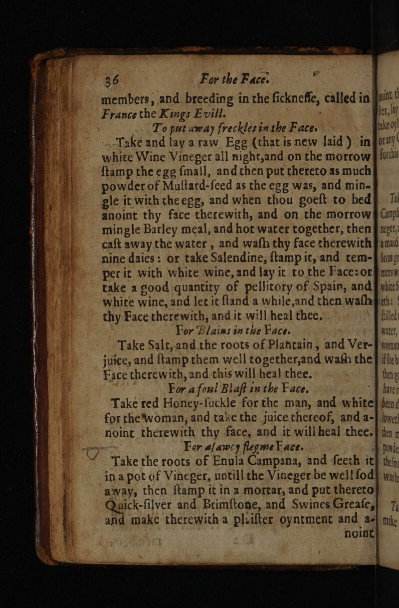 BAM ese seiince a ag: ® Bo SRE Senza oe neta For the Face. Ne members, and. breeding in the fickneffe, called in| France the Kings Evill. . To put away frecklesinthe Face. Take and layaraw Egg (that is new laid) in white Wine Vineger all night,and on the morrow ftamp the ege fmail, and then put thereto as much powder of Multard-feed as the egg was, and min-| anoint thy face therewith, and on the morrow) mingle Barley meal, and hot water together, then) caft away.the water, and wafh thy face therewith) nine daies: or take Salendine, ftamp it, and cem-| per it with white wine, and lay it to the Face:or take agood quantity of pellitory of Spain, and) white wine, and let it fland a while,and then wath Face therewith, and this will heal thee. | For afoul Blaft in the Face. For afawcy flegme ¥ ace. ; Take the roots of Enula Campana, and feeth it away, then ftamp it in a mortar, and put thereto Qaick-filver and Brimftone, and Swines Greafe, and make therewith a pl.ifter oyntment and a- gray ( forth Til Campi nest amaid lous t mersW whites seth: | Woman have been ¢ lowe then 1 Powde the Wash T | Mike