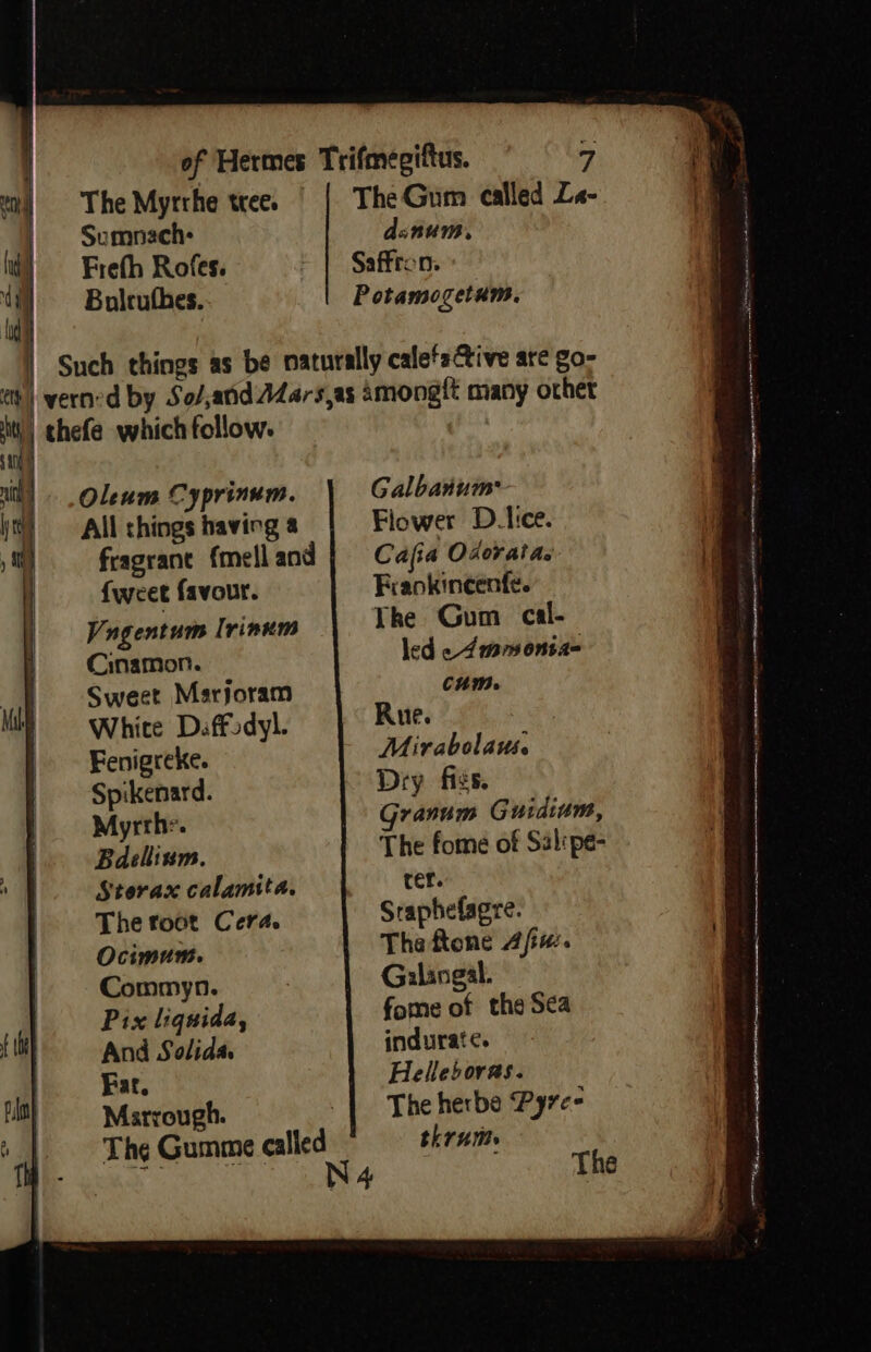 ty 108 a) | yc t The Myrrhe tree. Sumnach- Freth Rofes. Bulcuthes. Oleum Cyprinum. All things having a fragrane {mell and {weet favour. Vangentum lrinum Cinamon. Sweet Marjoram White Duaffodyl. Fenigreke. Spikenard. Myrth-. Bdellinm. Sterax calamita. The root Cera. Ocimum. Commyn. Pix liquida, And Solida. Fat. Marrough. danum, Galbanum~ Flower D.lice. Cafia Odoratas Frankineenfe. The Gum cal- led «4 mmonta- cum. Rue. Mirabolaus. Dry fiss. Granum Guidium, The fome of Sslipe- ter. Sraphefagre. Thaftone Afu. Galangal. fome of the Sea indurat¢. Helleboras. The herbe Pyre- thrum. | ; The