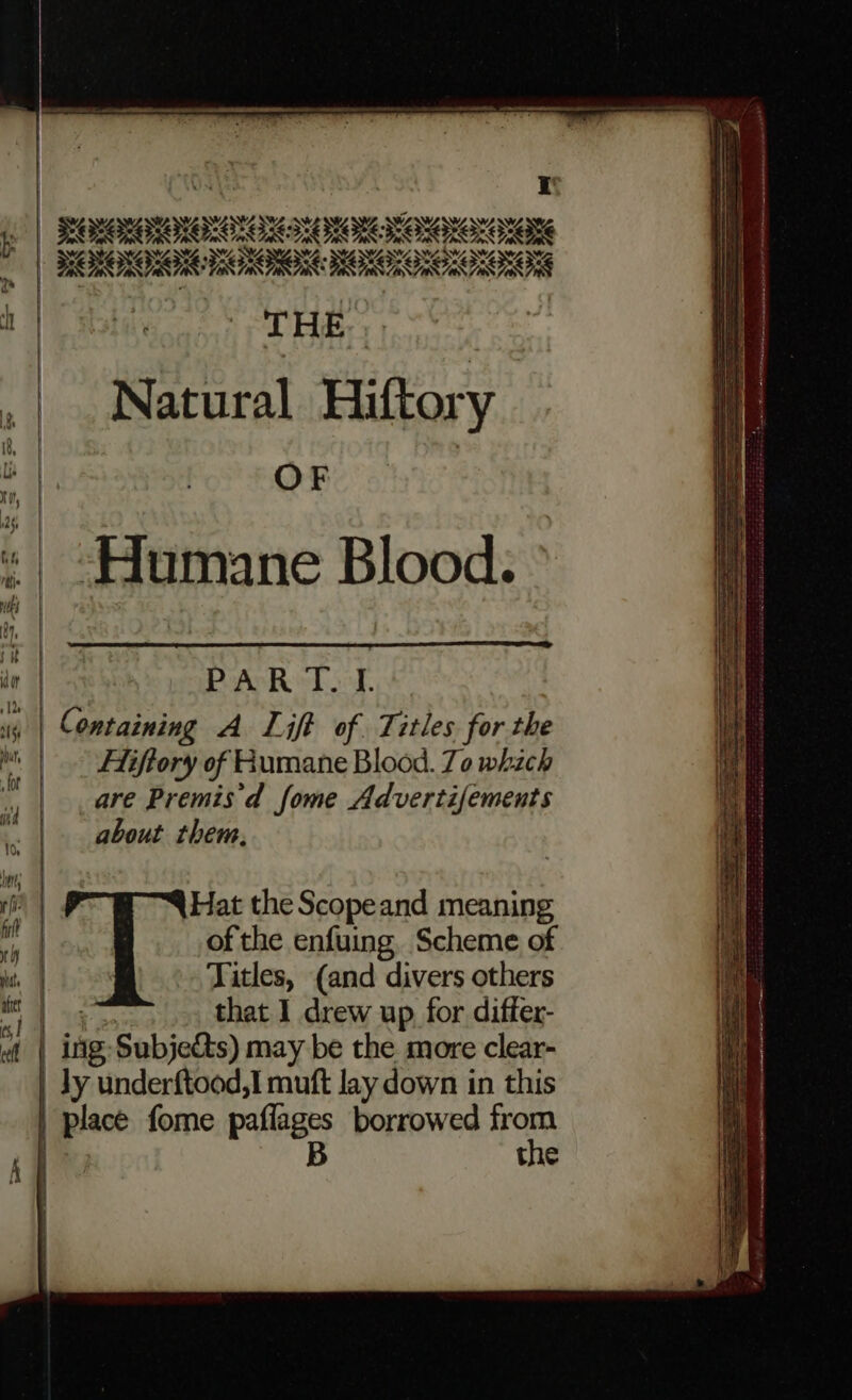 Wy Be ins WwW WWZ OS SS SAG TS TART F: D s | \A i 336 WZ Ws 3 xe Ys Natural Hiftory OF «| -Humane Blood. di | : PAR T. I. 4 | Containing A Lift of. Titles for the M | Hiftory of Rumane Blood. Ze which are Premis'd fome Advertifements about them, Hat the Scopeand meaning of the enfuing. Scheme of Titles, (and divers others | 4g that 1 drew up for differ- { | ing:Subjects) may be the more clear- | place fome paflages borrowed from re te B the