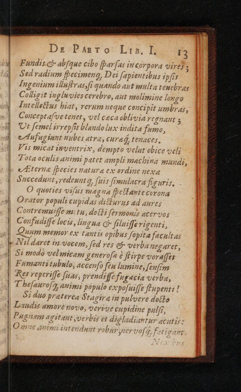 Ds Pasgro Lrs, I, I2 Fundis.ej- abfque cibo [bar [us in &amp;orpora qire$s Sed radium fpecimeno, Dei [apientibus Fpfas E in 3 ^S ed ' ; Jw Ingemum ilufivas fi quando aut multa teucbr s Colligit ingluvies cerebvo, aut molimine longo Intelleilus biat, rerum Weqne concipit umbras, Conceptafve tenet, vel cacaoblivia YCOHAHEL s Ut femel irrepfit blandolux indita fumo, edufuginnt übes atra, Curad tenaces, Vis micat imyentvix, dempto velut obice veli Zotaoculis autmi patet ampli machina mundi, eterna [becies natura ex oydine nexa $Sutecedunt ,vedeuut , fuis flpnlacra figuris, O quoties vifus maga fbetd AFEC COYOnA Orater populi cupidas ditlurus ad aure, Contvyemuiffe mctu, do Gt fevmonzs acervos Confudiffe locis, lingua C felutffevigenti, Quum memor ex tantis opibus fopita facnitas I4 daret in Vocer, fed ves e$» verba Hegaret, S1 modo velmicam generofa à J'irpe voraffes Fumantitubnulo, accenfo fen Inssiae, fenfim Aes reperiffe fuas, prendiffe f'gacia verba, 1 befanrofa animi populo expofuiffe fl upenti ! $; AH praterea Stagira a pulvere dotto Laudi amore 1900, Uervue cupidine puli, Pugna ATITARE yerbis et d )gladiantur acutis: /7 F 3 £ His ; 2K HOY Q0 q. | GLICATFL, ó « J c