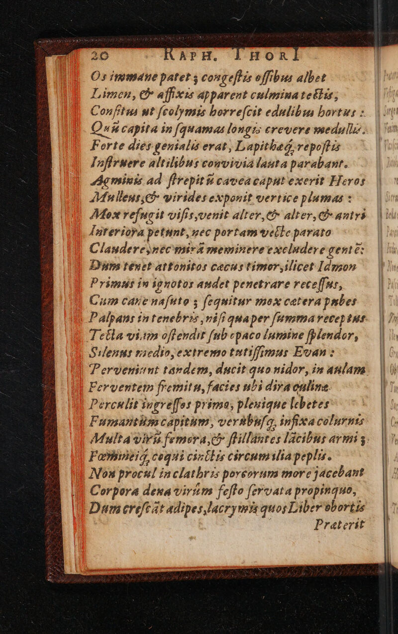 Os immane patet s conge[His offibus albet Limen, € affxis apparent culmina telis Confrtua ut fcolymis borre[cit edulibus bortus : Quucapita in [quamas longzs erevere sedulli. Forte dies genialis erat; Lapitbed repoftis — I»nflruere altilibus cowvivialauta parabant. Ae minis ad. flrepitii caveacaput exerit Hiros Mn leuc virides exponit vertice plumas : Mor refucit vifisyvenit alter, € alter, autré [nterioya petunt, uec portam velle parato Clauderejnéc mira meminere excludere gent 6: Dyups ténet attonitos cecus timor,ilicet Idgzon Primsui in iguotus audet penetrare receffur, um care nafuto s fequitur mox caterapnbes Tetla vi.ten offendit fub paco lupsiue fplendor, Silenus siedioy extremo tntiffimus Evan : Perveniant taedem, ducit quo nidor, in anlam Ferventem fremitu, facies nbi diva online. Perculit ingreffos prima, plesique lebetes Fupsantüs capitum, versbu[o, infixacolurms Faineio, coqui cinCbis circumilia peplis. Non procul inclathrzs poreovum tore jdcebant Corpora deua virium feflo fervata propinque, Dum crefe it adipes,lacryuys quos Liber bortis Praterit