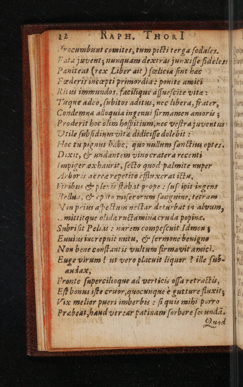 2:2. NAPH. 1 Hoal Pvocumbunt comites, tum pili tev ga fodaler. Paniteat (eg Liber ait ) felicia fint bac F'adeyis incopti primordia: ponite anici j Hu spemmutdors. facilique a[[uefcite vite x Tuque adco, (nbitos aditus, nec libera frater, Condemua ali loquia ingengi firmamen amoris 5 Utile fabfidium vite didiciffe dolebit : Hoe tu pignus habe, qs mallem fantiim optes. Dixit, € undanteua vinocratera recenti impiger ox haurit, feto quod palmite uper Arboris aéreevepettto cffe serat itti, F rre e per rs Rabat prope ; fnf' ipit ingent ?rlld.i, € poto mmiferarnm faugt tue terr aps Non peius abe Hugo nollar deturbat ín alvum, mittitque olidà ruttaminacruda popine, Subrifit Peli : arem compe[cuit Idmong Enuiunecrepuit vut, c [ermone benigno iN'on beze ——— 15 vnltura firmavit amici. Euge virum ! ut vero placuit liquar. ? ille fub- audax; Frente faperciliogue aa verticrs offa retratta, Eft bonus 1fle cruor quocunque e eutture fiuxits Vix meliar pueri imberbrs : [i ; quts mibi porro Prabeat band verear patinam [orbaere fe pw O5