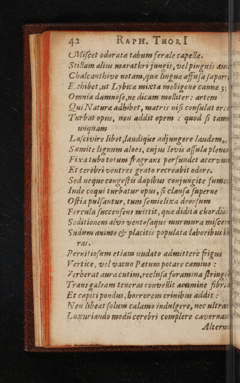 T. RarH. TuoaI CMifcet odorata tabum ferale capelle. IP E :hibet,ut Lybice mixta melligene CAnH4d s Üs»nnta áamnef[e, ne dtcam 01] els artem [urbat opus, tou addit opem : quod ff tam Haga, Fixatubo totum fraeraus perfundet acervg Et cerebri veutres grato recreabit odore. Sed ueque corge[ri dapi ibus conj ungite fem. Inde coqui birbarur opus , fs $ clau[a fuperne Offía pui[antur, tum femielixa deor[nm Gabe die nfeus meittit,qua z didit chordis Seditioness alu yovtefisee mur sura mice: Sud animo ci placitis populata laboribusl Y . Persitioftm etiam nudato admittere frigus Vertice, uid vactto Petum potare camino : | m^ 4T E t capiti pondus ,borrorem crinibus addit : es libeat fo lurs calamus indnlgere, ec ultra yes: