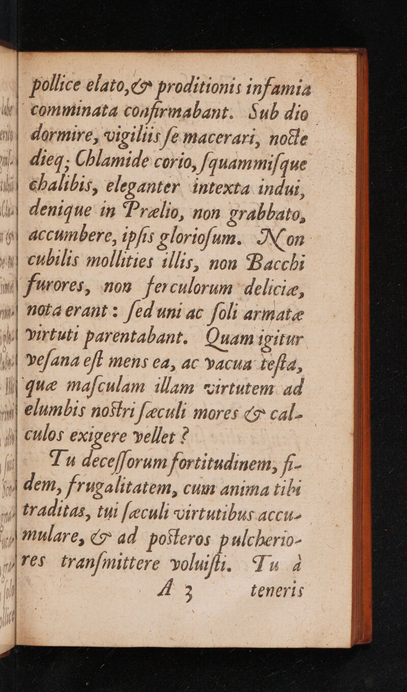 pollice elato,co proditionis infamia C (| dormire, vigiliis fe macerari, notle à dieq; Cblamide corto, [quammi/que hi !] Wl (j| denique in ?Pralio, non grabbato, M cubilis mollties illis, nou «Bacchi i| fwrores, non. ferculorum : delicie, iv| ποιά erant : fed uni ac foli armate Ml vartuti parentabant. Quam 1ΟΊ ΓΗ i| vefana eff mens ea, ac vacua teffa, l| que mafculam illam virtutem. ad ἡ elumbis nostri [eculi mores c cal- j| eulos exigere vellet ὃ |^. Vu decefforum fortitudinem, f- ji dem, frugalitatem, cum anima tii 4i traditas, tui [.eculi virtutibus accu- vu mulare, ce ad posteros pulcherio- Jes. tranfmittere volufli. wu 4