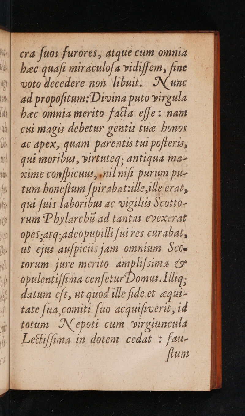 ᾽ν Ὁ m -1 Ξ E:  É bec quafi miraculofa vidiffem, [me voto decedere non. libuit. | ON unc ad propofitum: Divina puto virgula bec omnia merito: fala effe: nam cui magis debetur gentis tue bonos ac Apex, quam parenti tui ΡΟ ον, qui moribus, virtuteq; antiqua ma xime con|bicuus nil nift purum pua tum boneflum fpirabatzille,ille erat, qui fuis laboribus ac votgilin Bcotto- rum Phylarcbu ad tantas evexerat 0po5;atq adeo pupilli fuives curabat, gt epus au[picis Jam Qnaium. Scte rorum jure merito ampli[sima eg datum et, ut quod ille fideet equi- tate [ua,comiti fuo acquifroerit, id totum. JN epoti cum virgiuncula Letli/foma in dotem. cedat. : fau- fu
