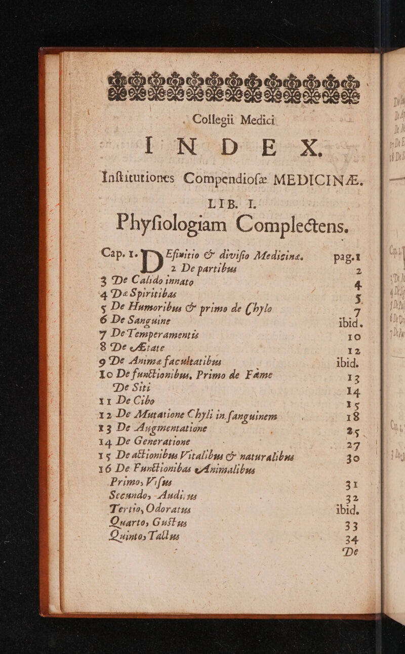 Bees iiibiétit Collegii Medici DON TD-E-X, Inftitutiones Compendiofz MEDICINE LIB. I Fhyfiologiam Compledens. Cap. 1. Efiuitio €& divifio Medizina. 2 De partibus 3 *De Calido innato 4 D« Spiritibas ς De Humoribu, c primo de (^y 6 De Sanguine 7 De Temperamentte 9 De vetiate 9 De uma facultatibzs Xo De fustlionibus, Primo de Fame epe Siti Yr De Cibo 12 De AMutatione Cbyli in fanguine 13 De 4 Hgmentatiane 14. .De Gezerattone 1g De A&Eionibus Vitaliban c natur albos τό De Funztiionbas ey Mnimalibas Pr 1720. F. { 844 Scenudos Audi sn Tertio, Odoratus ibid. Onwarto, Gut 33 Quinto Ta δὲ Ms 34 De