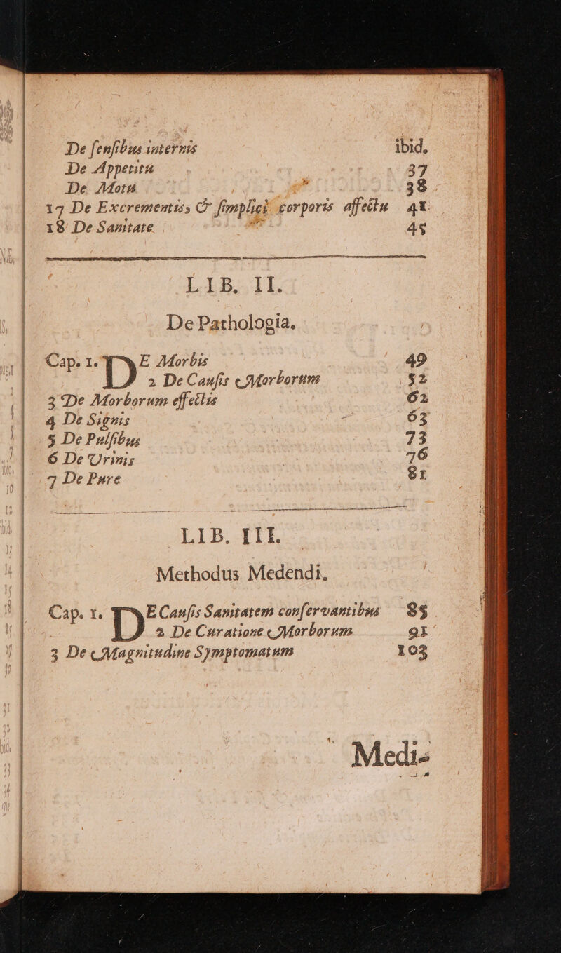 De fenfibus weternis ibid, De Appetit 37 De Motu | 38 |. 13 De Excrementiss C μηροὶ corporzs affetiu | 4X. I9/ De Sanitate 45 LI B. II. De Pathologia. - Morbis 49 E 2 DeCaufis eMorbortim $2 3 «De Podio effetlss 62 4 De Signis ἐν 63 5 De Pulfibus 73 6 De 'Urinis | 76 7 De Pure $1 LIB. III. Methodus Medendi, Cap. t. E Caufis Sanitatem con[ervantibus 84 2 De Curatione c M:orbor um 9l 3 De u.Magnitudine Symptomatum 103