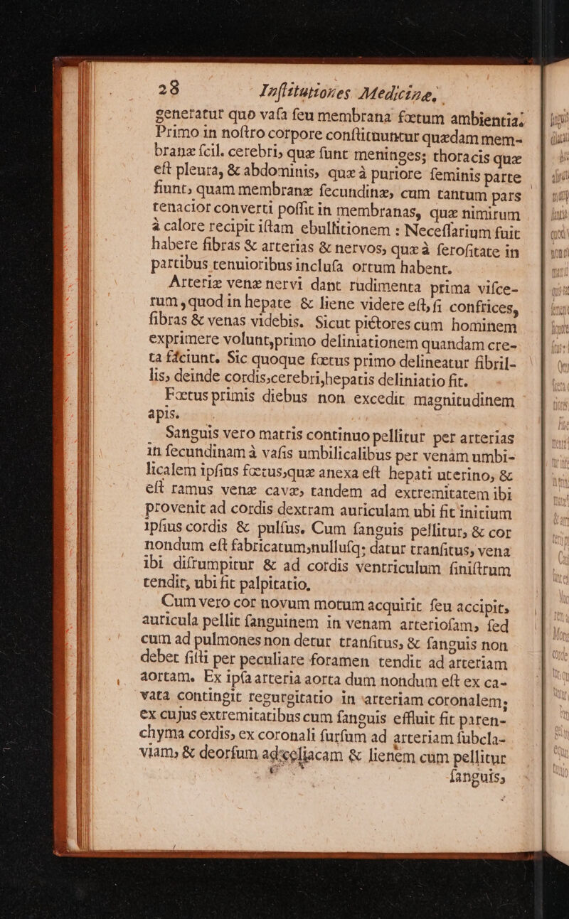 generatur quo ναί feu membrana factum ambientia] Primo in noítro corpore conftituuncur quedam mem- branz fcil. cerebri; que funt meninges; thoracis quz eft pleura, &amp; abdominis, quz à puriore. feminis parte fiunt, quam membranz fecundinz, cum tantum pars | tenacior converti poffit in membranas, quz nimirum à calore recipit iftam ebullitionem : Neceffarium fuit habere fibras &amp; arterias &amp; nervos, quxà ferofitate in partibus tenuioribus inclufa ortum habent. Arteriz venz nervi dant rudimenta prima vifce- rum quodin hepate &amp; liene videre eft, f; confrices, fibras &amp; venas videbis. Sicut pictorescum hominem exprimere voluntprimo deliniationem quandam cre- ta ffctunt. Sic quoque foetus primo delineatur fibril- lis; deinde cordis;cerebri;hepatis deliniatio fit. Fotus primis diebus. non excedit magnitudinem apis. Sanguis vero matris continuo pellitur per arterias in fecundinam à vafis umbilicalibus per venàm umbi- licalem ipfins foztus;qux anexa eft. hepati uterino, &amp; eft ramus venz cava, tandem ad extremitatem ibi provenit ad cordis dextram auriculam ubi fit initium ipfius cordis &amp; pulfus. Cum fanguis pellitur, &amp; cor nondum eft fabricatum;nullufq: datur tranfitus; vena ibi difrumpitur &amp; ad cordis ventriculum finiftrum tendit, ubi fit palpitatio, Cum vero cor novum motum acquirit. feu accipit; auricula pellit fanguinem in venam arteriofam, (ed cum ad pulmones non detur. tranfitus; ὃς fanguis non debet fiíli per peculiare foramen. tendit ad arteriam aortam. Ex ip(a arteria aorta dum nondum ett ex ca- vata contingit regurgitatio in arteriam coronalem; ex cujus extremitatibus cum fanguis effluit fit paren- chyma cordis; ex coronali furfum ad arteriam fubcla- viam; &amp; deorfum adxeliacam &amp; lienem cum pellitur QE [anguts; 2