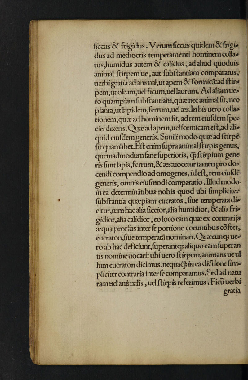 ftccjs & frigidus. Vcrum ficcus quitfcm & frigu dusad mcdiocris temperamcnti homincm colla» tus,humidus autcm & calidus, ad aliud quoduis animal ftirpemue,aut fubftantiam comparand,1 ucrbi gratia ad animal,ut a pern & formic;l:ad ftir* pem,ut oleam,uel ficum,uel laurum. Ad aliam ue* ro quampiam fubfbntiam,qua: nec animal fit, nco planta,ut lapidem,ferrum,uel acs.ln bis ucro colla* tioncm,qux ad homincm fit, adrem ciuldcm fptv cici dixeris. Quae ad apem,uel formkam eft,ad aliV quid eiufdem generis. Simili modoquacad ftirpc fit quamlibet.Eft enirn fupra animal ftirpis genus, qucmadmodum fane fiiperioris, cp ftirpium gene ris funt lapis,fcrrum,& aestuocetur tamen pro do^ cendi compcndio ad omogenes, id ell, rem eiulde generis, omnis eiufinodi comparatio. Illud modo in ea determinatibus nobis quod ubi fimpliciter fubftantia quampiam eucratos ,fiue tempcrata di«= citur,tum hac alia ficrior,alia humidior, alia fr U gidior,aKa calidior, eo loco earn qua: ex contraries tcqua prorfus inter ie portione coeuntibus coftet, cucraton,fiuetcmperata nominari.Quaceunqj ue* ro ab hac deficiunt,(uperantcp aliquo earn (uperan tis nomine uocari: ubi uero ftirpem,anirtians ueut him cucraton dicimus.nequaq? incadixftione fim<* plicitcr contraria inter fccomparamus.Fed ad natn ram tidantmalis, uel fb’rpis referirous. Ficu uerbi