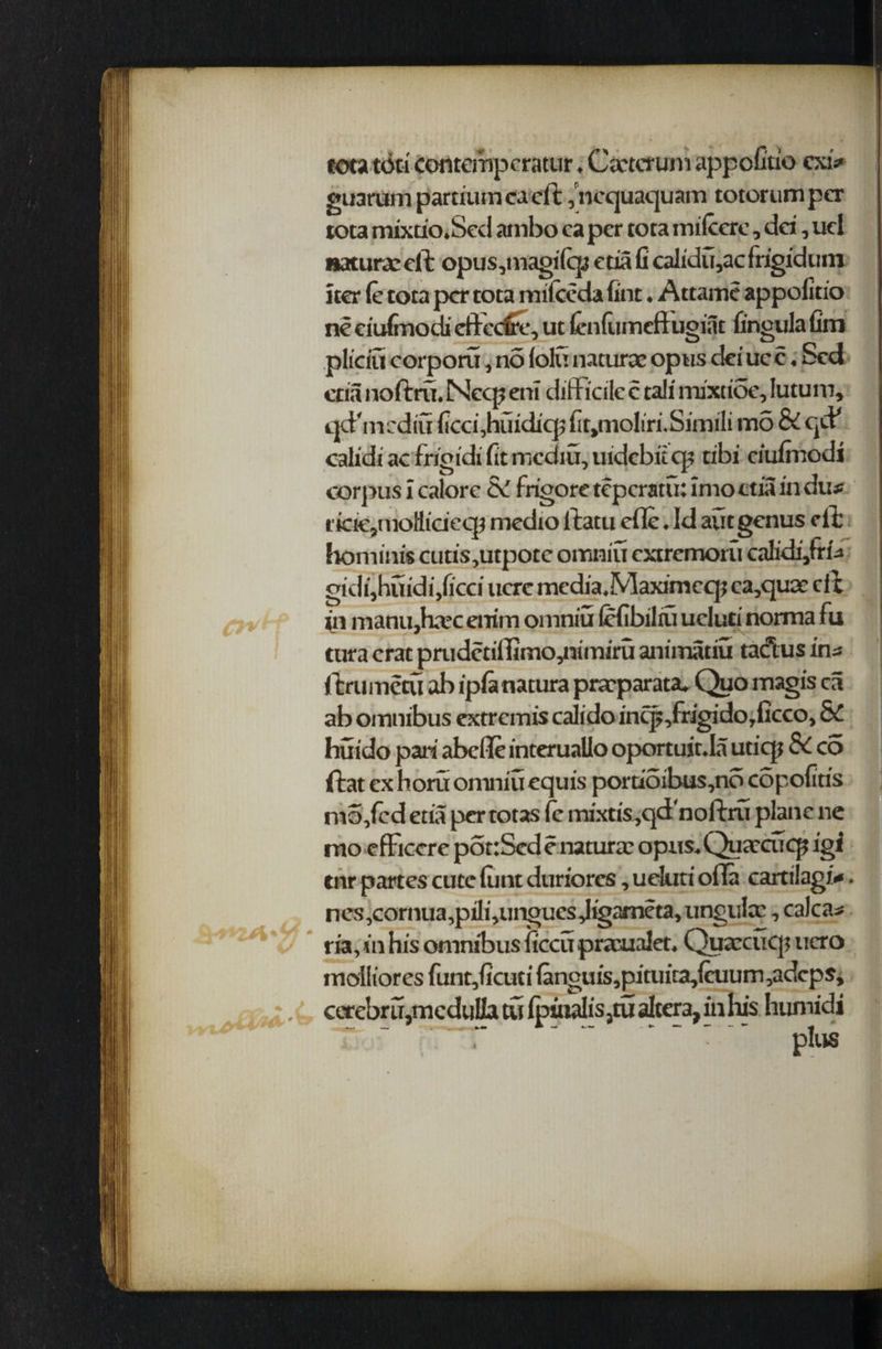 tota toci contempcratur, Cictcrum appofirio cxi* guarum partiumcaeft ,'ncquaquam totorumper tota mixtio.Sed arnbo ca per tota milcerc, dci, ucl naturae eft opus,magilqj ctiafi calidu,ac frigidum iter (e tota per tota milceda fine. Attame appofirio ne eiulrnodi efteefie, ut lenfumefi ugiat lingula Cm pliciu corporu, no lolu naturae opus dei uc c. Scd cri.1 noftru. Nccp eni difficile c tali mixtioe, lutum, qd'mcdiu ficcijiuidiqj fiqmoliri.Simili mo & qd* calidi ac frigidi fit mediu, mdcbitq; ribi ciufrnodi corpus x calore & frigore teperatu: imo ctia in du* ticie,moHicieqi medxo ftatu efle. Id autgenus eft hominis cutis,utpotc omniu extremoru calidi,frb> gidi,huidi,ficci ucrc mcdia.Maximcqt ca,quac fit iii maniijhaec enim omniu tefibiliu ucluti norma fu tura crat prudctiffimo^iimiru animatiu tadtus ins ftrumctu ab ipla natura praeparata, Quo magis ca ab omnibus extremis calido incp,frigido,ficco, & huido pan abefle interuallo oportu it.Ia uticp Sc co ftat ex horu omniuequis porrioibus,no copofitis nio/ed etia per totas fe mixtis,qdnoftru plane ne mo efficere pot:Scd e naturae opus, Quaecucp igi tnr partes cute (unt duriores, ueluti ofla cartilagxV. nes,cornua,pili,unoucsd^ameta, ungula:, caJca* ria, in his omnibus ficcupraeualet, Quaecuqi ucro molliores funt,ficuri ianguis,pituita,Icuum,adcps, ^ . ccrebru,mcdulla tu lpinalis}tu altera, in his humidi t ~ r  -plus . a _ . A