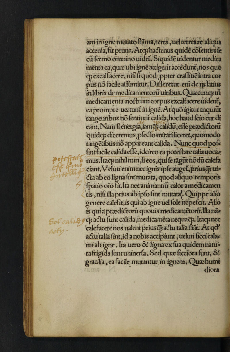 am in igne niutato flams,terra ,ud terreare aliqtxa acccnfa,fit pruna. Atcp ha&enus quide cofentire te cuiermo omnino uidet. Siquide uidentur rhedica 4 t menta ea,quxubi igne attigerit acccdunt,nos quo qj excalfacere, nifi ft quod q>pter craflitie intra cor pus no facile ailiimitur. Diner etur eni de ip latius inlibris de medicamentoruuiribus.Quxcunq? tn medicamenta noftrumcorpus excalfacere uident, ea prompte uertunt Hi igne. At quo igitur mqiuut tangentibus no (entiunt calid3,hoc hand (do cur di cant, Nam ft energia,iamc|5 caftdu,eflepraedidloru quidcp diceremus qifecfto mirari Iiceret,quomodo tangetibus no appareant calida. Nunc quod pofe (int facile calidae(Ie,idcirco ea poteftate talia uoCa* r#1r: © mus.Itacp nihil miri,fi eos,qui (e tagut riodu calefa dant.Velun enim nec ignis ipfe auget,priuscp uis (ffa ab eo ligna fint'mutata, quod aliquo tempotis 6 (patio oiont.Itanecam'mantiu caloramedieamcn tis ,nifi ilia prius abipfo fine mutataj. Quippe alio ocnere calefic.is qui ab igne lid foie itepefeit. Alio is qui a praedictoru quouis rrtedicametom.llla na* ac^u ^unt calida,niedicameta nequaep. Itacp nec calefacere nos ualent priusepaiiu talia fiat. At qcF acffu talia foit,id a nobis accipiunt, ueluti fied cala<= mi ab igne. Ita Uero & ligna ex foa quidem natui rafrigidafont ufuncrfo.Scd quxficciorafont. Sc graalia, ea facile mutantur in ignem, Quaehumi diora A