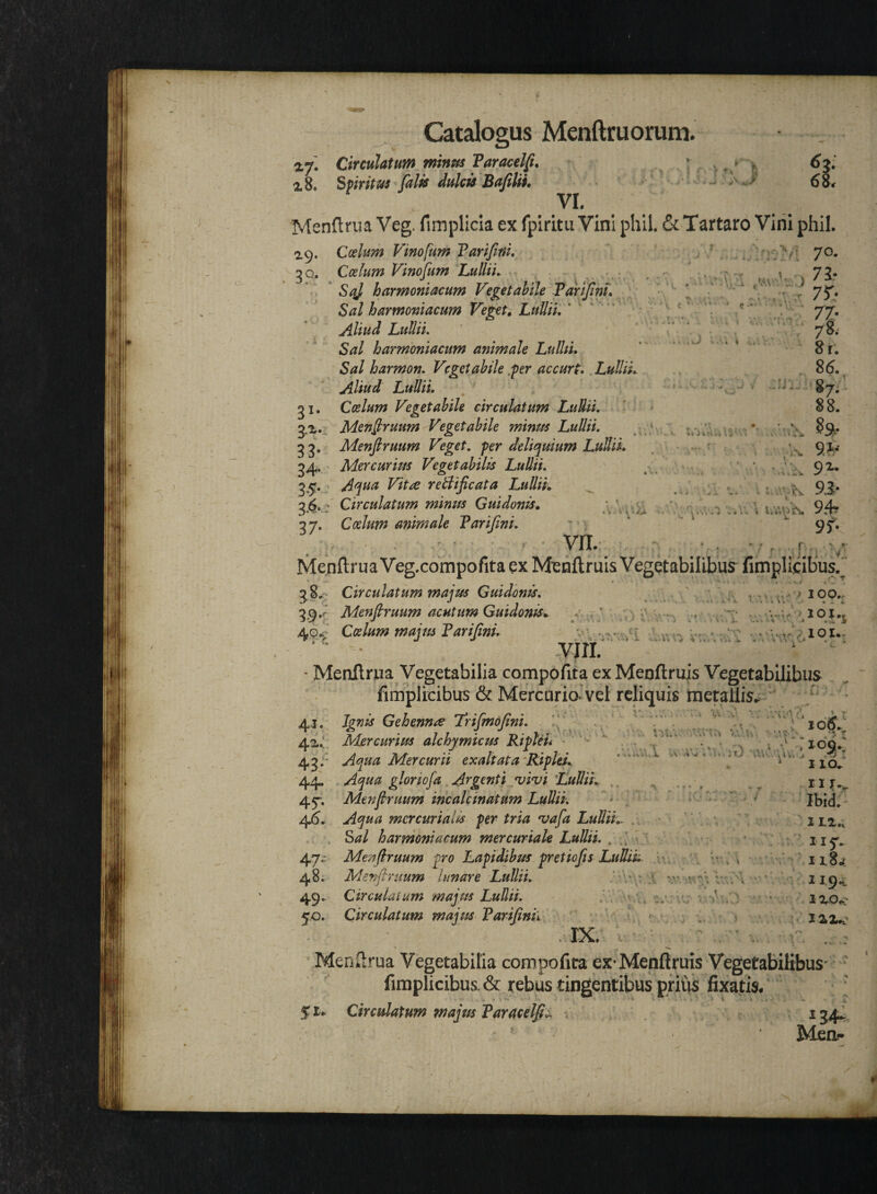 Catalogus Menftruorum 2.7. Circulatum minus Taracelfi* 2.8. Sfiritus falis dulcis Bafilii, VI ) / Menftrua Veg. fimplicia ex fpiritu Vini phil. & Tartaro Vini phil. ■2.9. Coelum Vinoftm Varifini. 30. Coelum Vinofium Lullii. 1/ harmoniacum Vegetabile Varifini. Sal harmoniacum Veget. ’ Aliud Lullii. Sal harmoniacum animale Lullii. Stf/ harmon. Vegetabile -per accurt..Lullii. Aliud Lullii. 31. Coelum Vegetabile circulatum Lullii. g.x. Menfiruum Vegetabile minus Lullii. 3 3. Menfiruum Veget, per deliquium Lullii* 34. Mercurius Vegetabilis Lullii. 35. F/ta reblificata Lullii* ^ ei C>irrui/jtuvn •wtl.Yii.fK C^ui/lnuix * Menltma Vegetabilia compofita ex Menflruis Vegetabilibus fimplicib.us & Mercurio vel reliquis metallis. 4.1. Gehenna Trifmdfini. idjfc.* 4x.; Mercurius alchymicus Ripleu 1 joq. 43.1 Aqua Mercurii exaltata Riplei* ..“ ' ‘ ‘ 1 i<x 44. Aqua gloriofa Argenti vivi Lul/ih .. rn„ 45. Menfiruum incalcinatum Lullii. Ibid. 46. mercurialis per tria vafia Lullii*. iLZet Sal harmoniacum mercuriale Lullii. . 115'. 47. : Menfiruum pro Lapidibus pr et io fis LuUik ii8of 48. Menfiruum lunare Lullii. \ ?y •• 119^ 49. Circulatum majus Lullii. .. •;.* >T ; > i2-Ow; 5.0. Circulatum majus Varifinii > rx Menftrua Vegetabilia compofita ex-Menflruis Vegetabilibus- ) / fimplicibus. & rebus tingentibus prius fixatis. S1* Circulatum majus Varacdjji.