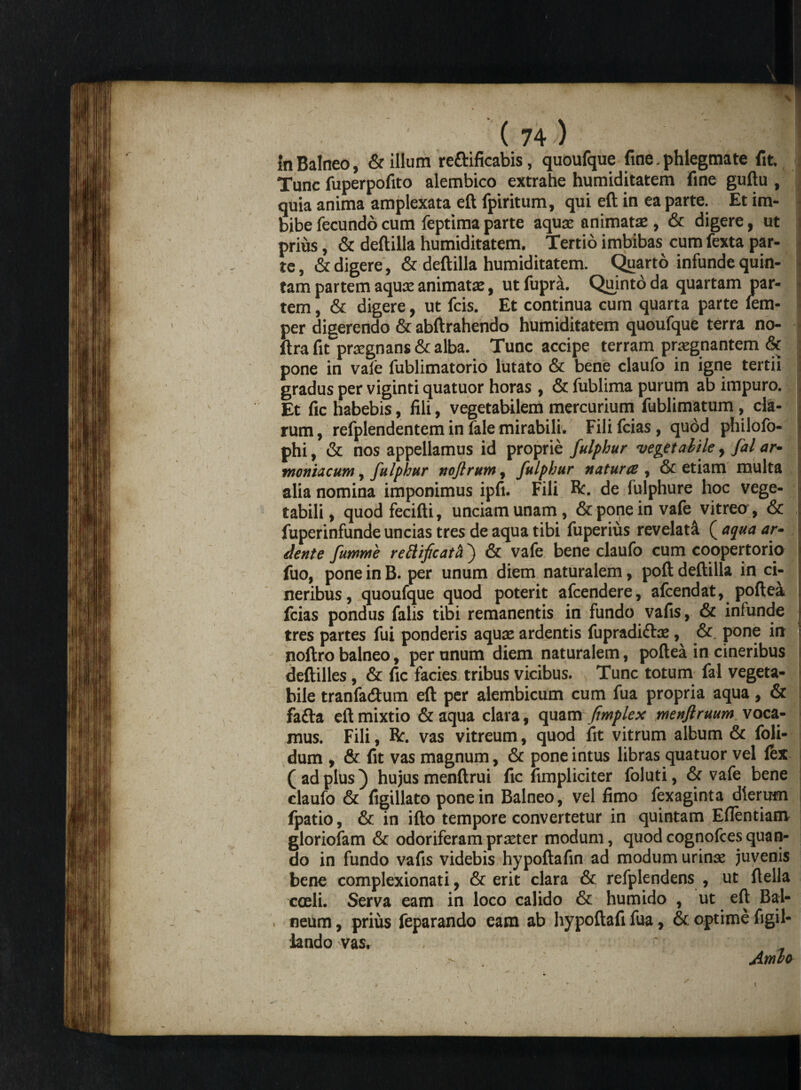 In Balneo, & illum re£tificabis, quoufque fine. phlegmate fit Tunc fuperpofito alembico extrahe humiditatem fine guftu , quia anima amplexata eft fpiritum, qui eft in ea parte. Et im¬ bibe fecundo cum feptima parte aqua: animata: , & digere, ut prius, & deftilla humiditatem. Tertio imbibas cum fexta par¬ te , & digere, & deftilla humiditatem. Quarto infunde quin¬ tam partem aqua: animata:, utfupra. Quinto da quartam par¬ tem , & digere, ut fcis. Et continua cum quarta parte fem- per digerendo & abftrahendo humiditatem quoufque terra no- ftra fit praegnans & alba. Tunc accipe terram praegnantem & pone in vale fublimatorio lutato & bene claufo in igne tertii gradus per viginti quatuor horas, & fublima purum ab impuro. Et fic habebis, fili, vegetabilem mercurium fublimatum, cla¬ rum, refplendentem in fale mirabili. Filifcias, quod philofo- phi, & nos appellamus id proprie fulphur vegetabile, fal ar- nt oh ia cum, fulphur noftrum, fulphur naturtB , & etiam multa alia nomina imponimus ipfi. Fili Bc. de fulphure hoc vege¬ tabili , quod fecifti, unciam unam, &poneinvafe vitreo, & fuperinfunde uncias tres de aqua tibi fuperius revelati ( aqua ar¬ tiente fumme rettificata) & vafe bene claufo cum coopertorio fuo, pone in B. per unum diem naturalem, poft deftilla in ci¬ neribus, quoufque quod poterit afeendere, afeendat, poftea fcias pondus falis tibi remanentis in fundo vafis, & infunde tres partes fui ponderis aqua: ardentis fupradi&a:, & pone in noftro balneo, per unum diem naturalem, poftea in cineribus deftilles, & fic facies tribus vicibus. Tunc totum fal vegeta¬ bile tranfa&um eft per alembicum cum fua propria aqua, & fafta eft mixtio &aqua clara, quam fmplex menftruum voca¬ mus. Fili, Bc. vas vitreum, quod fit vitrum album & foli- dum , & fit vas magnum, & pone intus libras quatuor vel fex (adplus) hujusmenftrui fic fimpliciter foluti, & vafe bene claufo & figillato pone in Balneo, vel fimo fexaginta dierum fpatio, & in ifto tempore convertetur in quintam Eflentiam gloriolam & odoriferam pneter modum, quod cognofces quan¬ do in fundo vafis videbis hypoftafin ad modum urina: juvenis bene complexionati, & erit clara & refplendens , ut ftella coeli. Serva eam in loco calido & humido , ut eft Bal¬ neum , prius feparando eam ab hypoftafi fua, & optime figil- iando vas. . ' Ambo